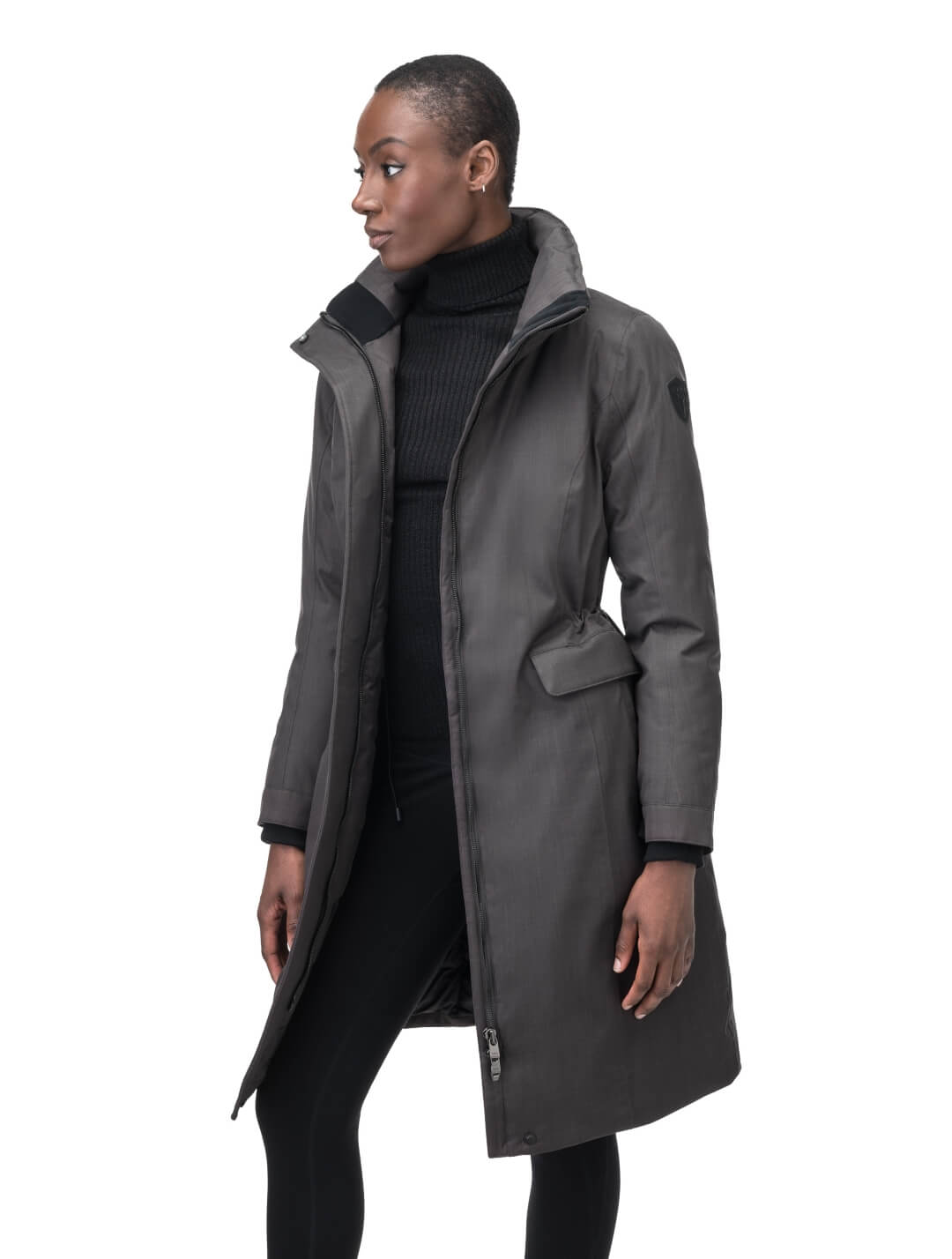 Zenith Ladies Knee Length Parka in knee length, Canadian duck down insulation, removable hood with removable fur ruff trim, and two-way front zipper, in Steel Grey