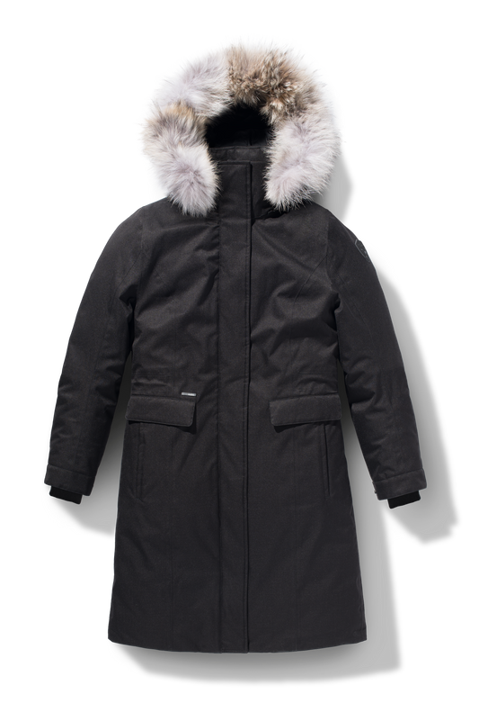Zenith Ladies Knee Length Parka in knee length, Canadian duck down insulation, removable hood with removable fur ruff trim, and two-way front zipper, in Black + Black