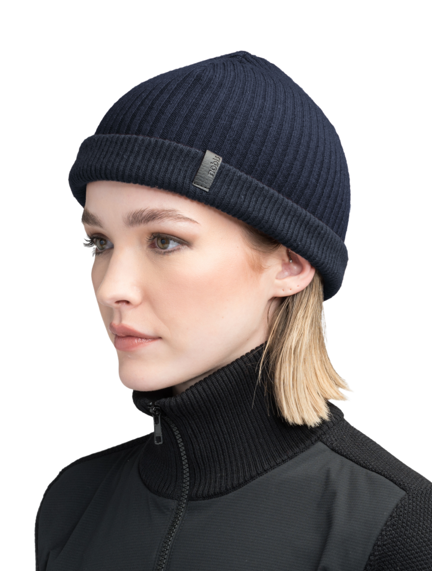 Ardn Unisex Tailored Reversible Knit Beanie in an extra fine merino wool blend, fitted rib knit, and reversible design, in Navy/Wheat