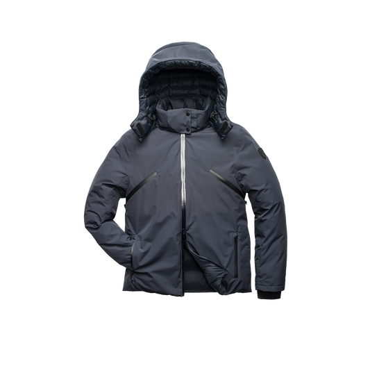 Hip length, reversible men's down filled jacket with removable hood in Marine + Marine