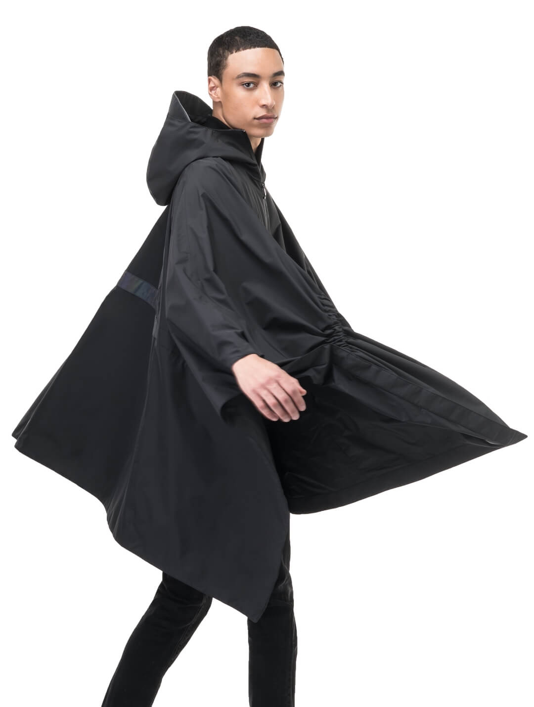 Hydra Unisex Performance Poncho in thigh length, non-removable hood, vertical half-zipper along centre front collar, hidden side-entry waist zipper pockets, adjustable webbing straps and snap closure cuffs, and packable to front kangaroo pocket with flap opening, in Black