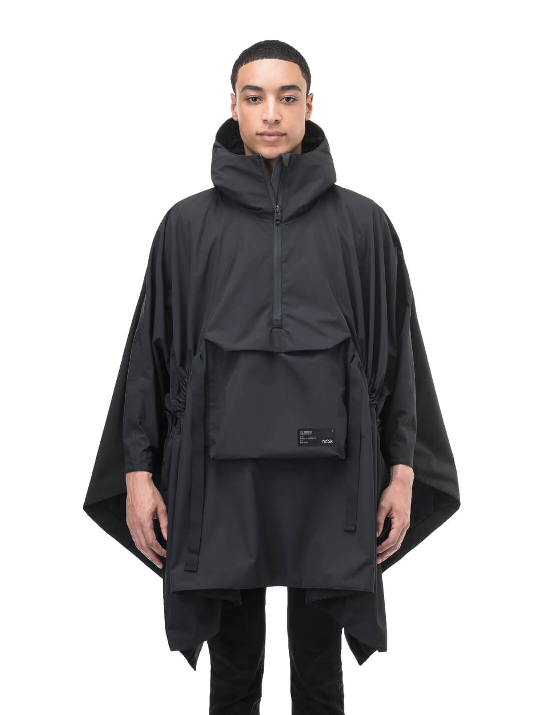 Hydra Unisex Performance Poncho in thigh length, non-removable hood, vertical half-zipper along centre front collar, hidden side-entry waist zipper pockets, adjustable webbing straps and snap closure cuffs, and packable to front kangaroo pocket with flap opening, in Black