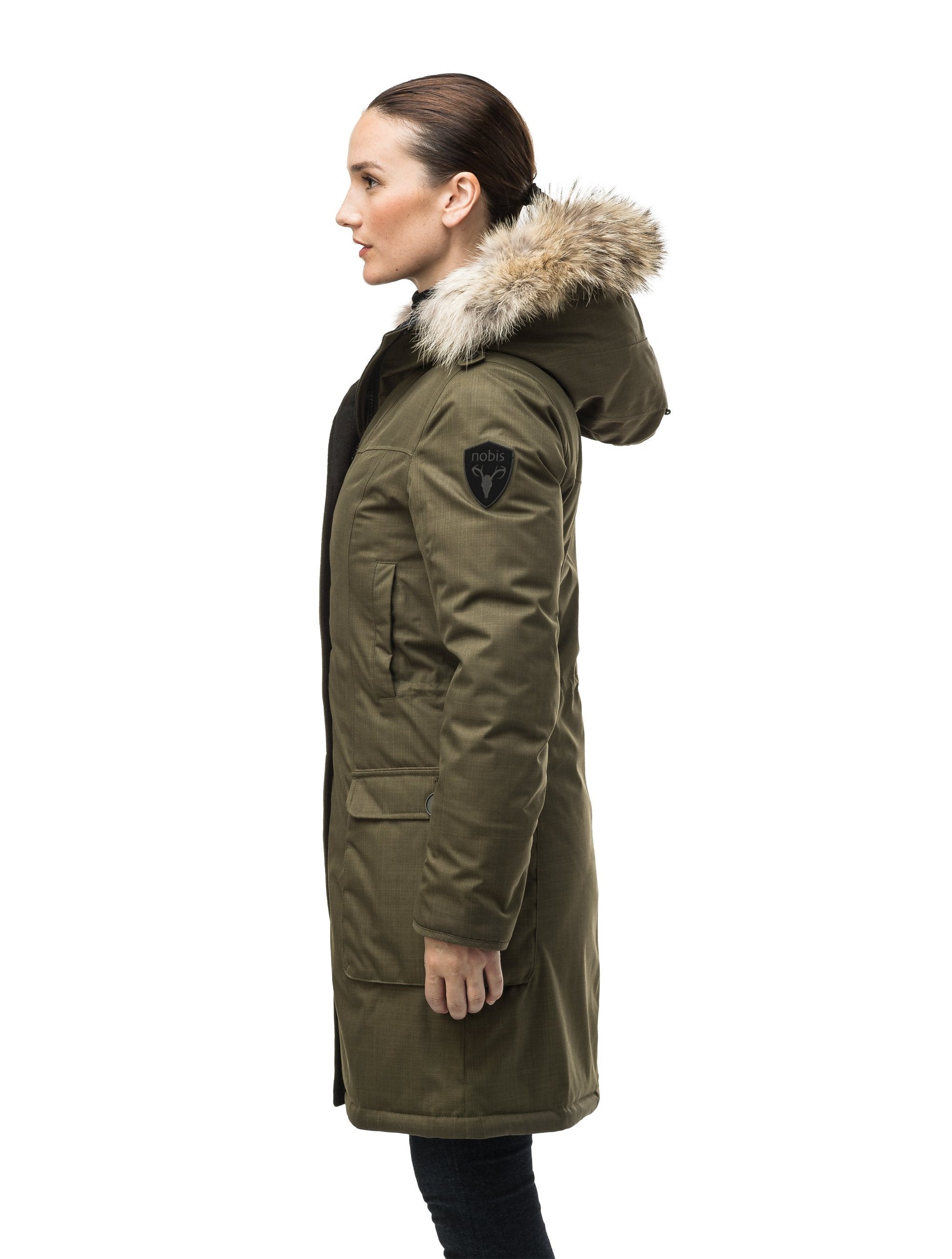 Women's knee length down filled parka with fur trim hood in Fatigue