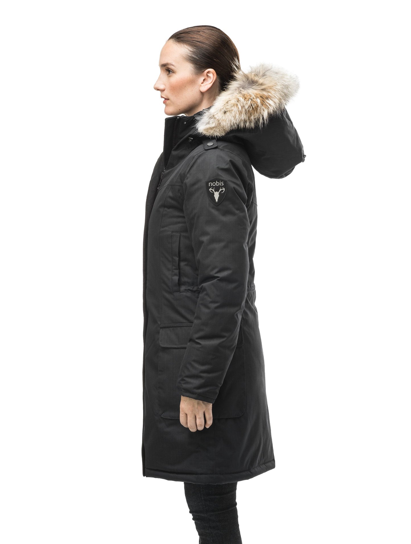 Women's knee length down filled parka with fur trim hood in CH Black