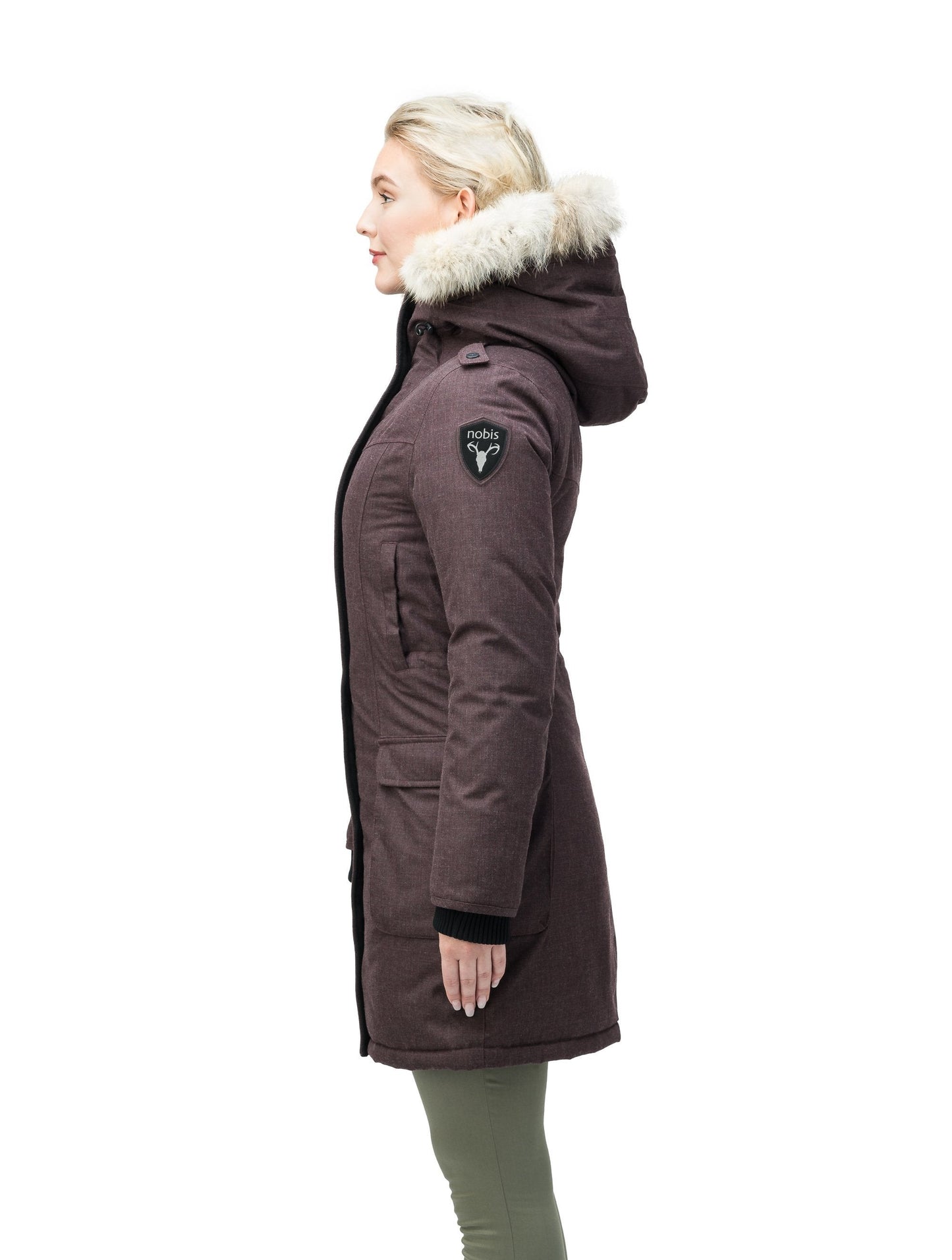 Women's knee length down filled parka with fur trim hood in H. Burgundy