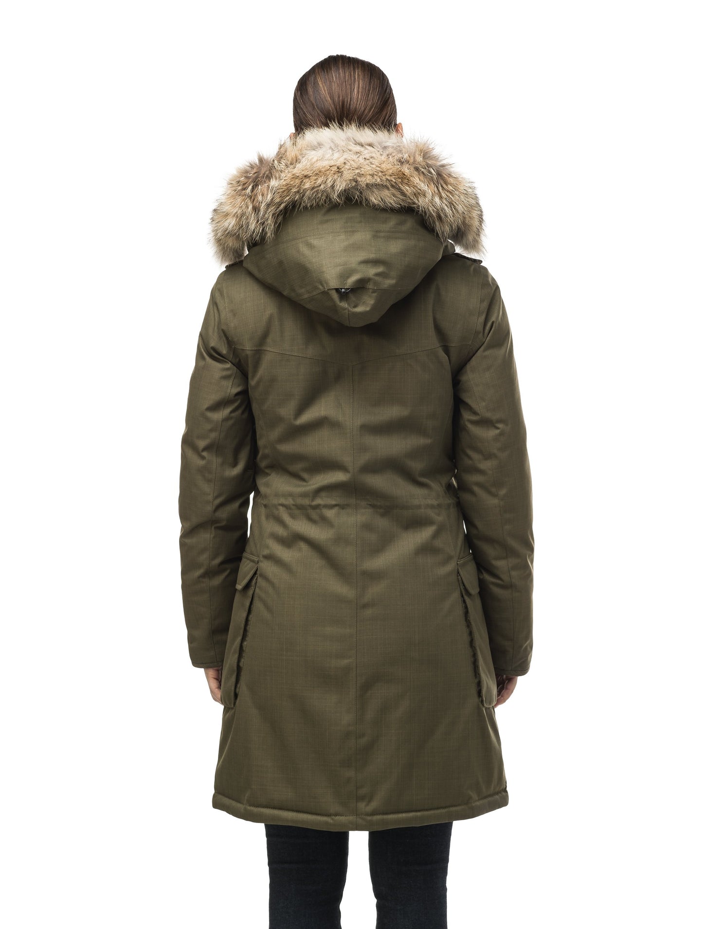 Women's knee length down filled parka with fur trim hood in Fatigue