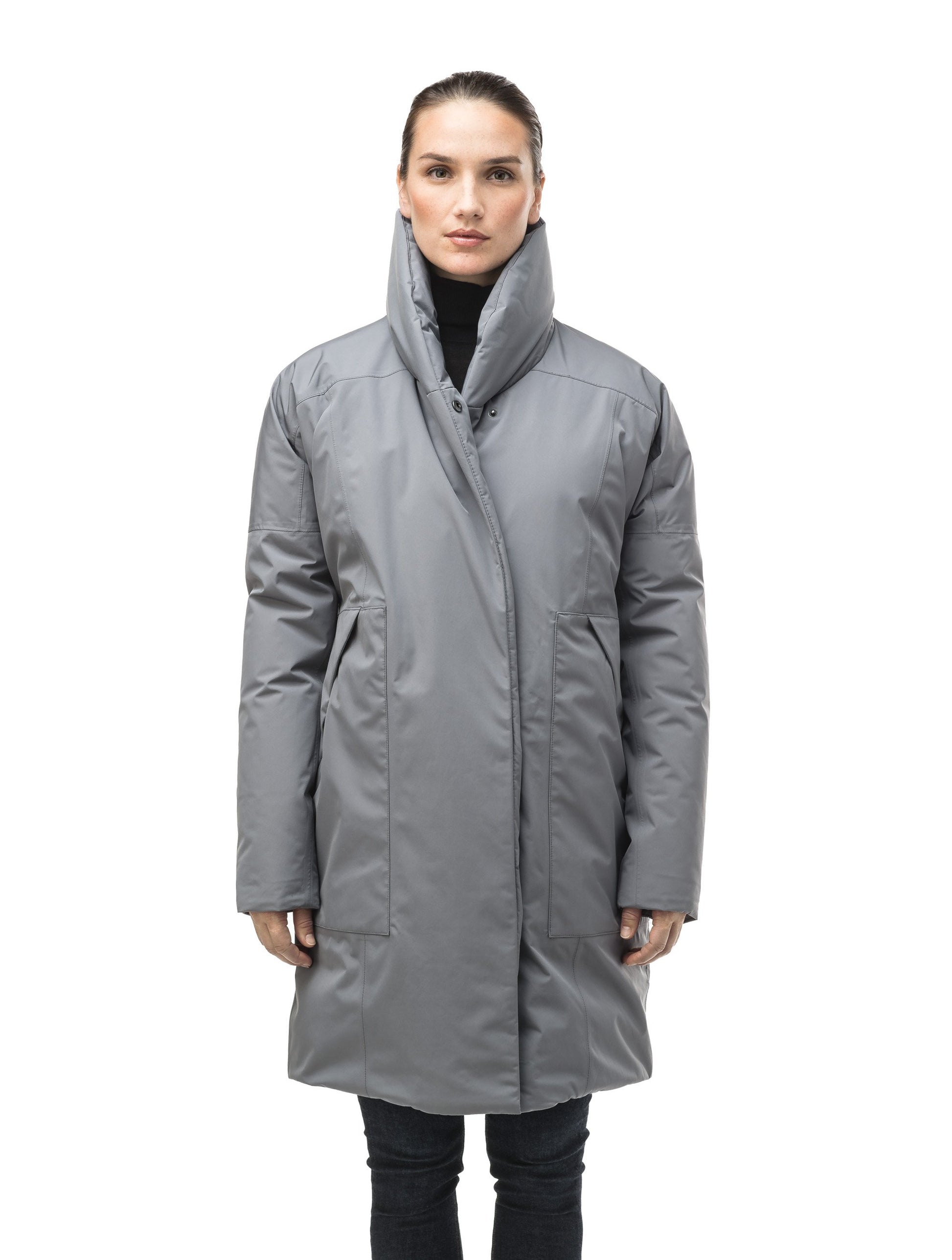 Women's down filled parka with cocoon silhouette and a beautiful shawl collar in Concrete