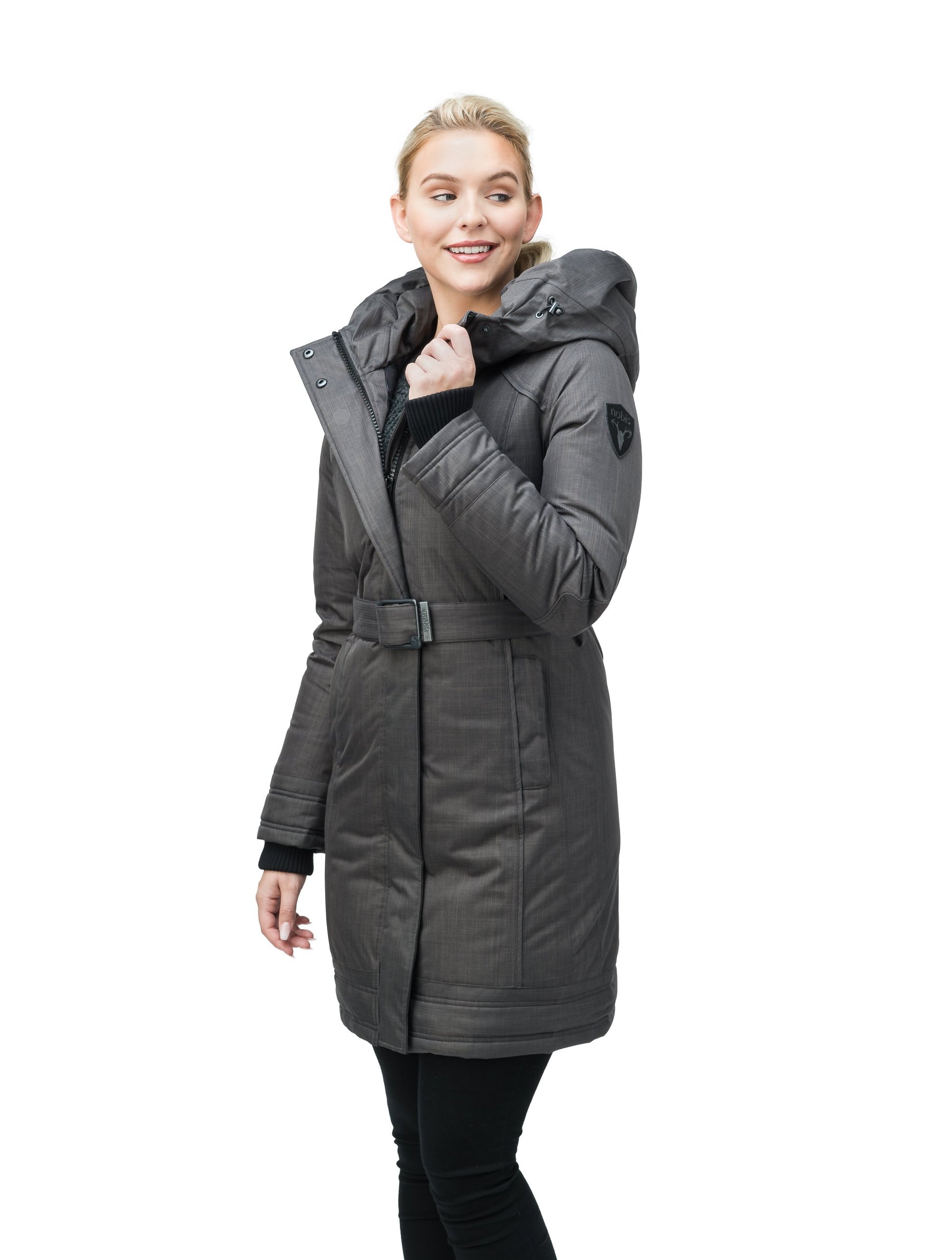 Women's Thigh length own parka with a furless oversized hood in CH Steel Grey