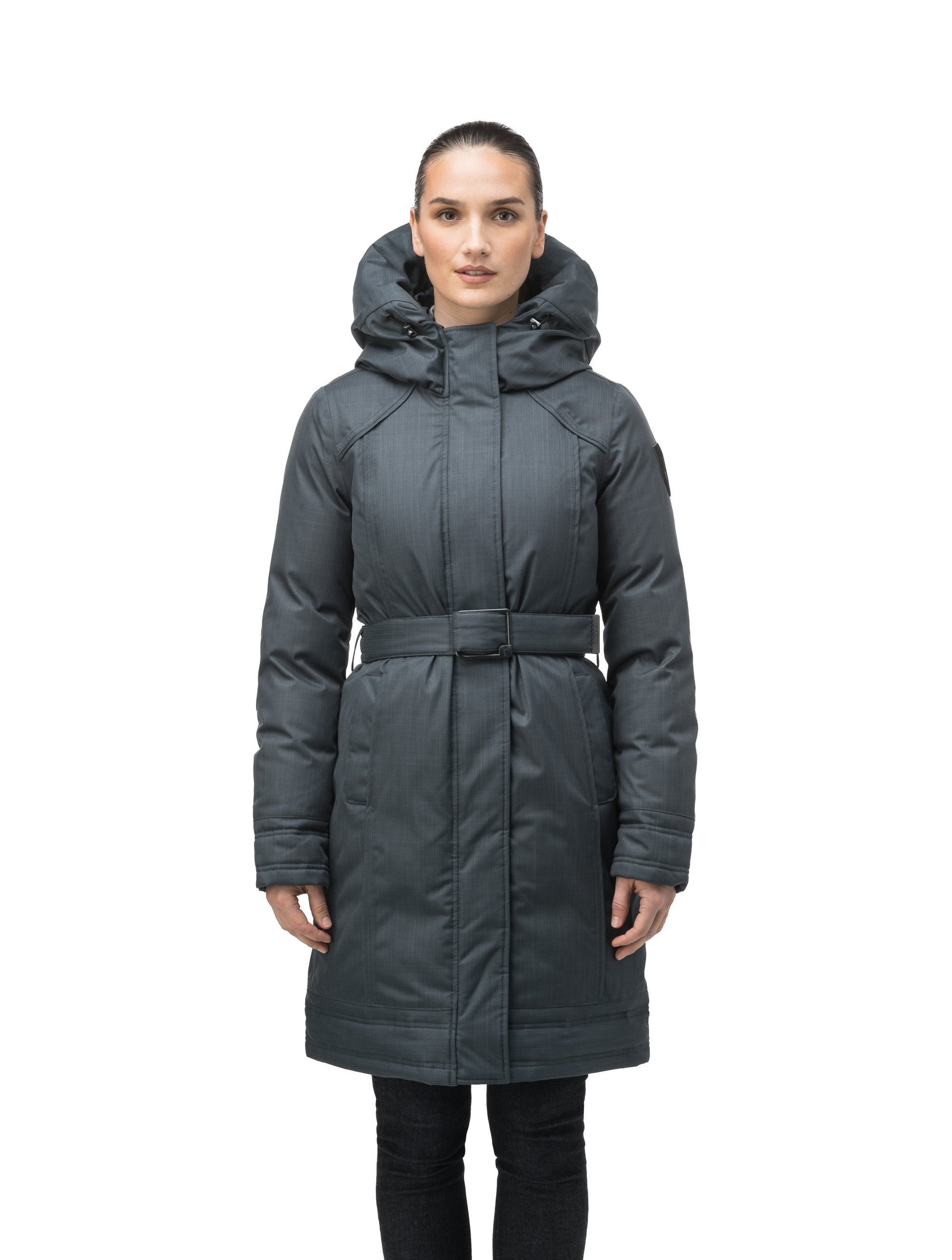 Women's Thigh length own parka with a furless oversized hood in CH Balsam