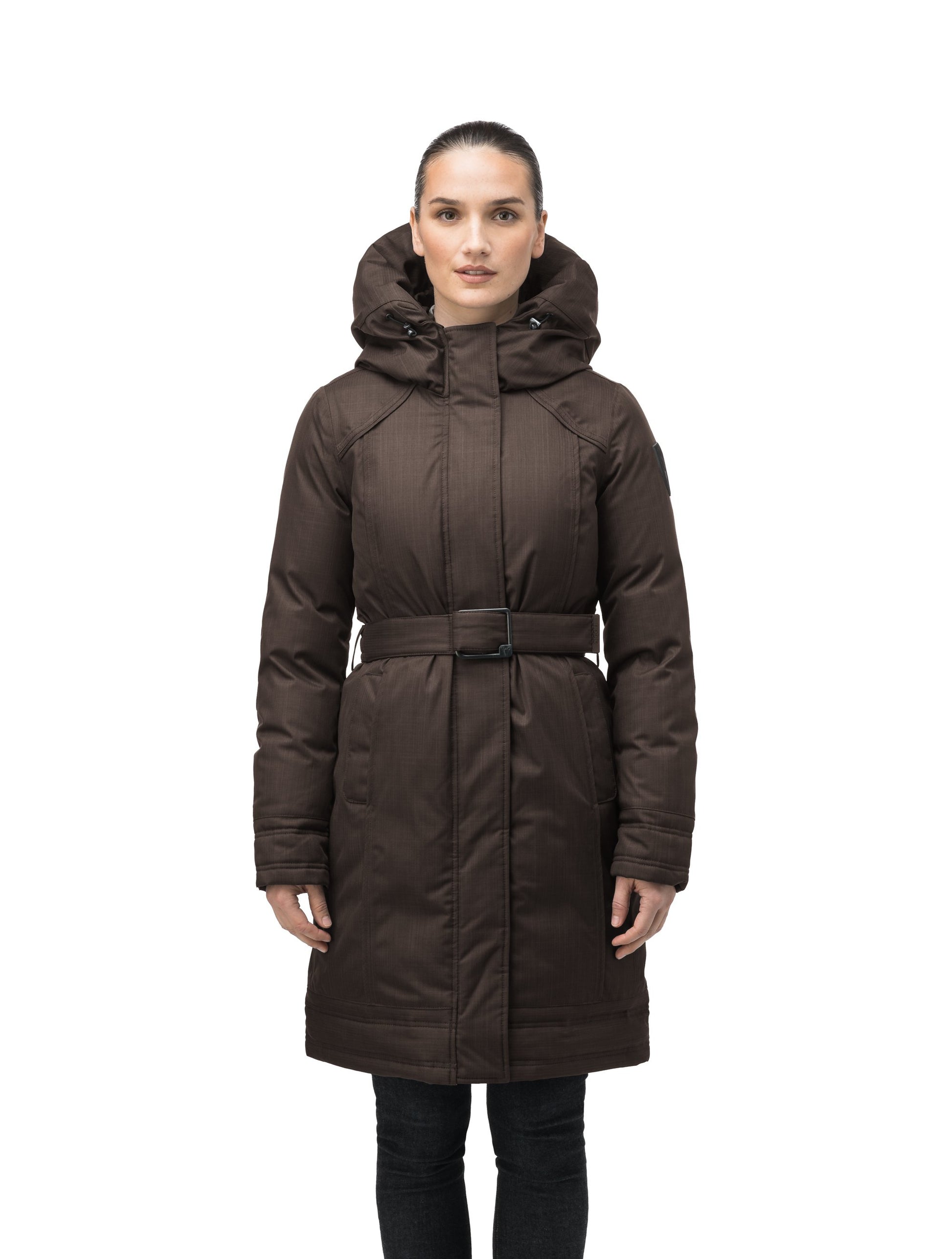 Women's Thigh length own parka with a furless oversized hood in CH Brown