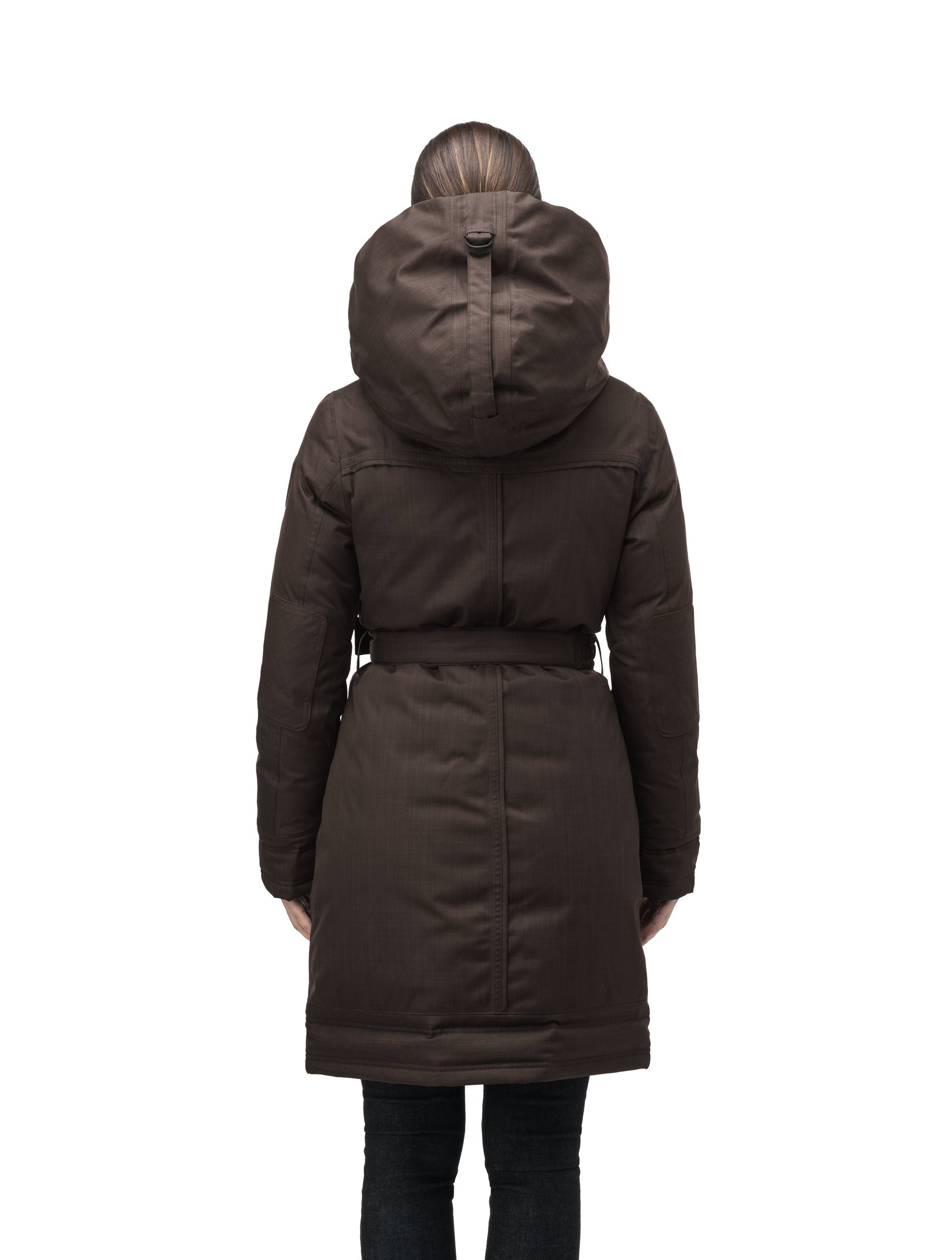 Women's Thigh length own parka with a furless oversized hood in CH Brown