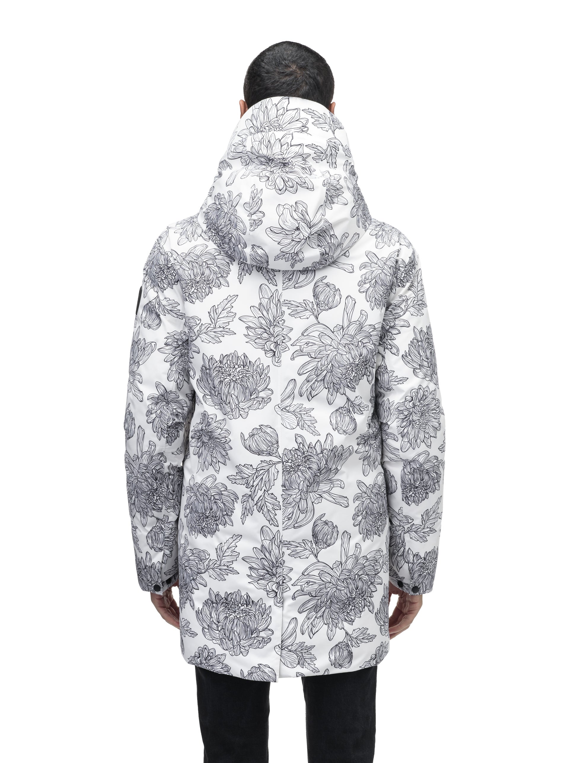 Atlas Men's Performance Parka in thigh length, Canadian duck down insulation, removable hood, and two-way zipper, in White Floral