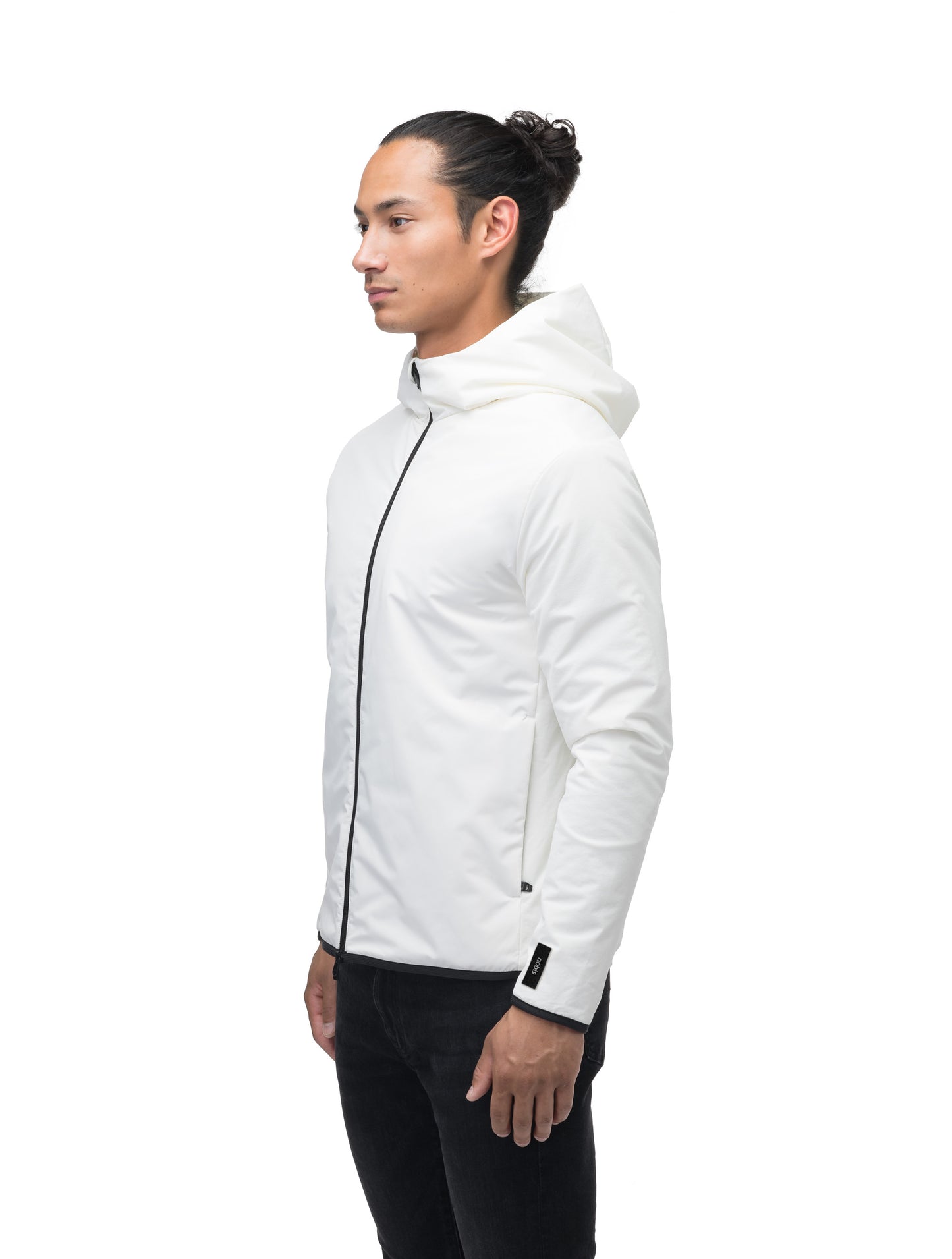 Men's hip length mid layer jacket with non-removable hood and two-way zipper in Chalk