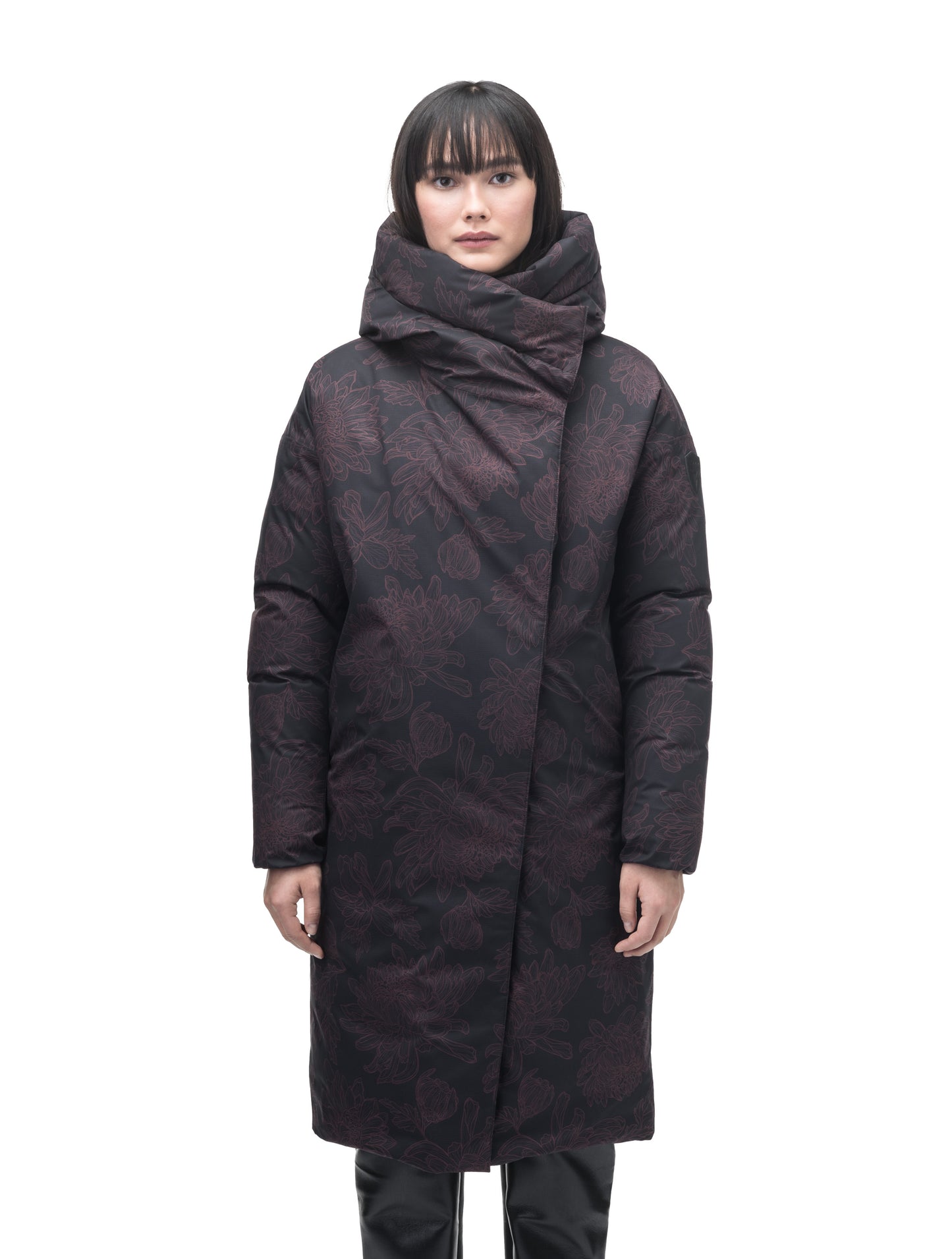 Axis Ladies Oversized Coat in knee length, Canadian duck down insulation, and two-way front zipper, in Dark Floral