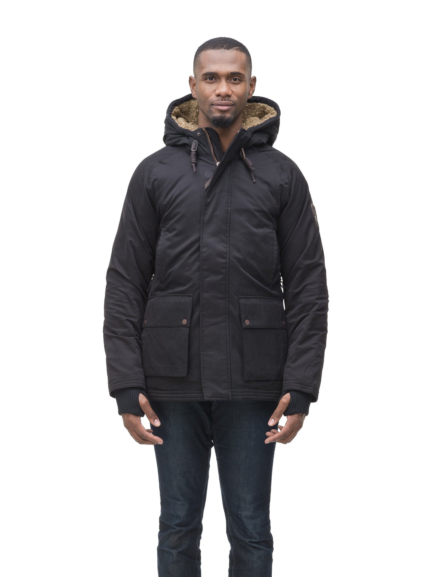 Men's town coat with Berber lined convertible collar and hood in Black