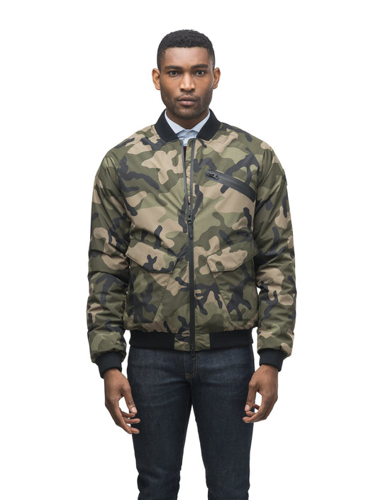 Men's classic crew neck lightweight down filled bomber with exposed zipper in Camo