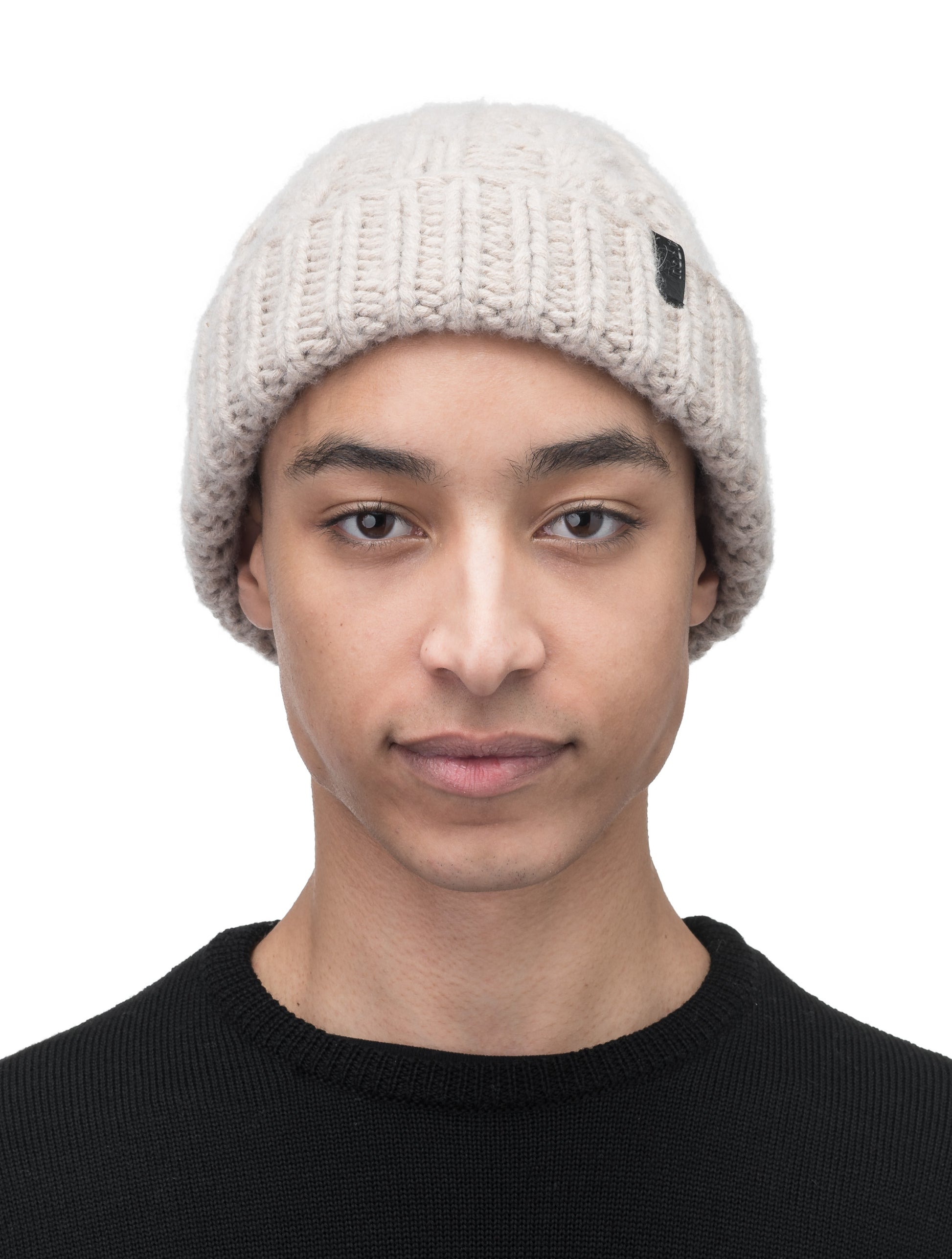 Dew Unisex Cable Knit Beanie in superfine merino wool and cashmere, and nobis leather label at cuff, in Khaki