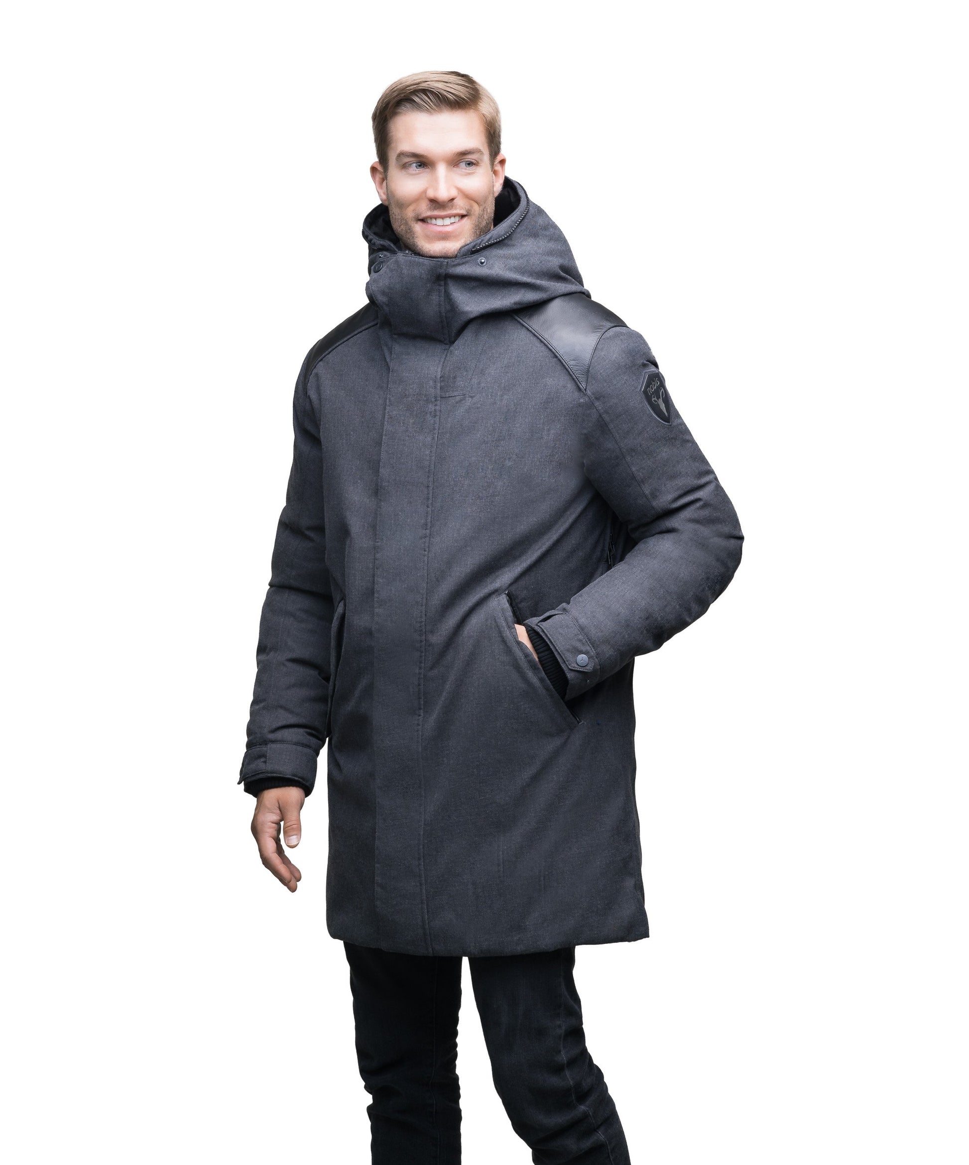 Men's down filled overcoat with premium washable Japanese DWR leather on both shoulders in H. Charcoal or H Black