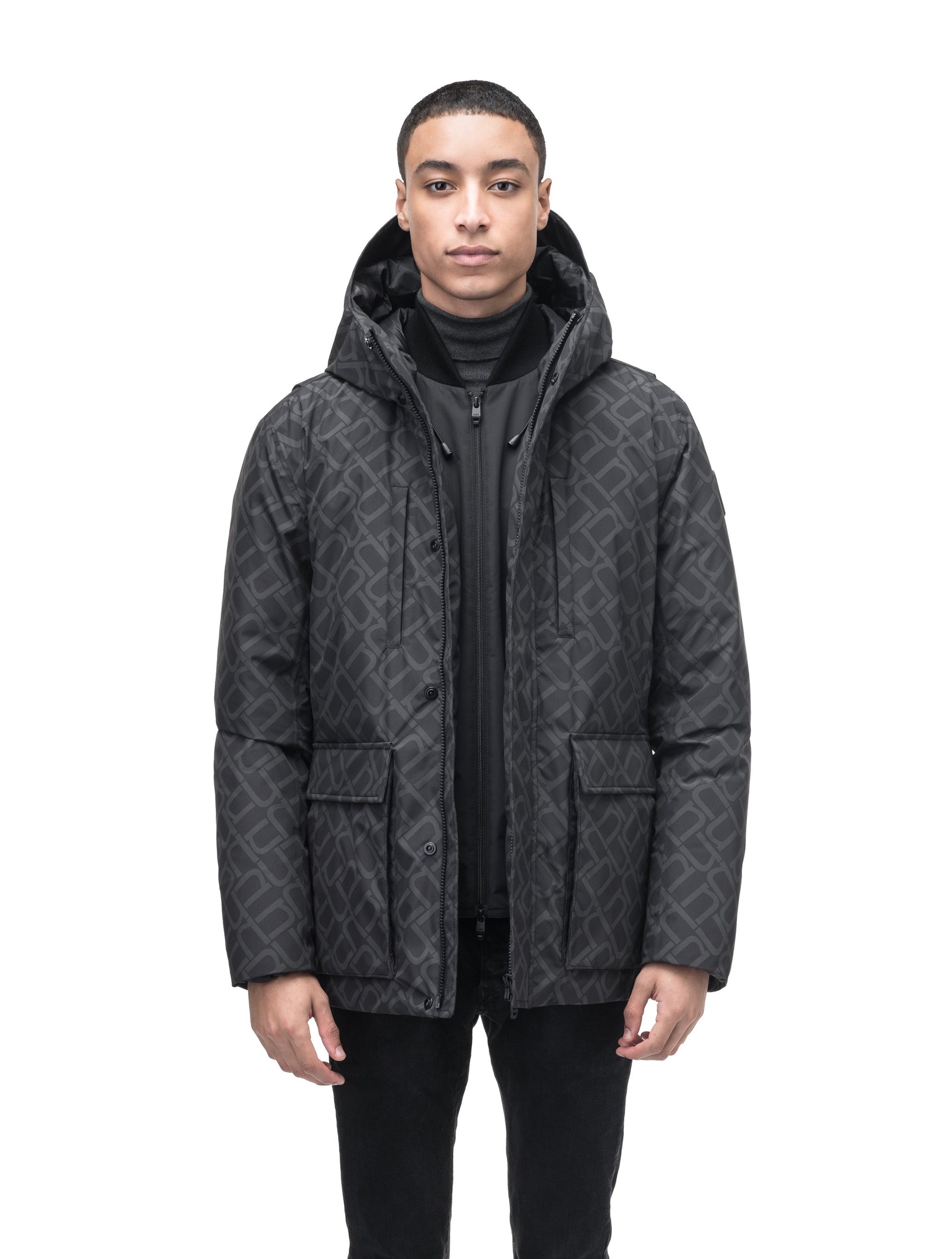 Geo Men's Short Parka in hip length, Canadian duck down insulation, non-removable hood, and two-way zipper, in Dark Monogram