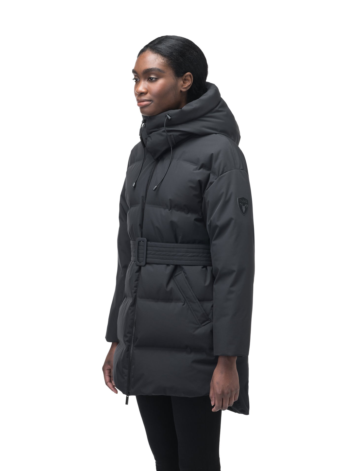 Women's thigh length down parka with removable hood and adjustable belt in Black