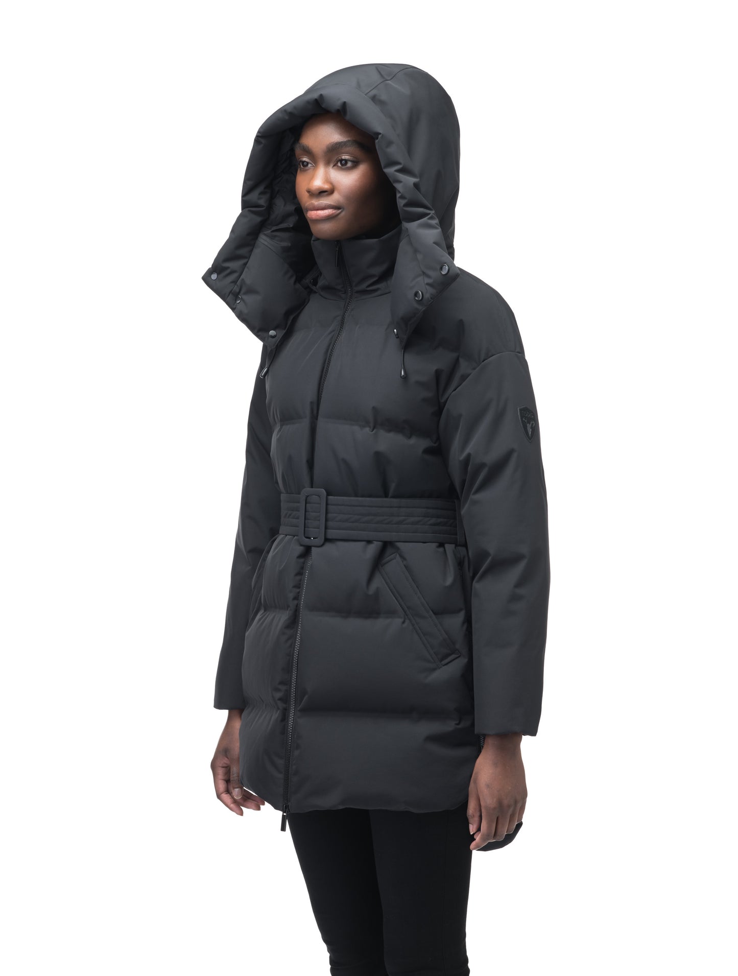 Women's thigh length down parka with removable hood and adjustable belt in Black