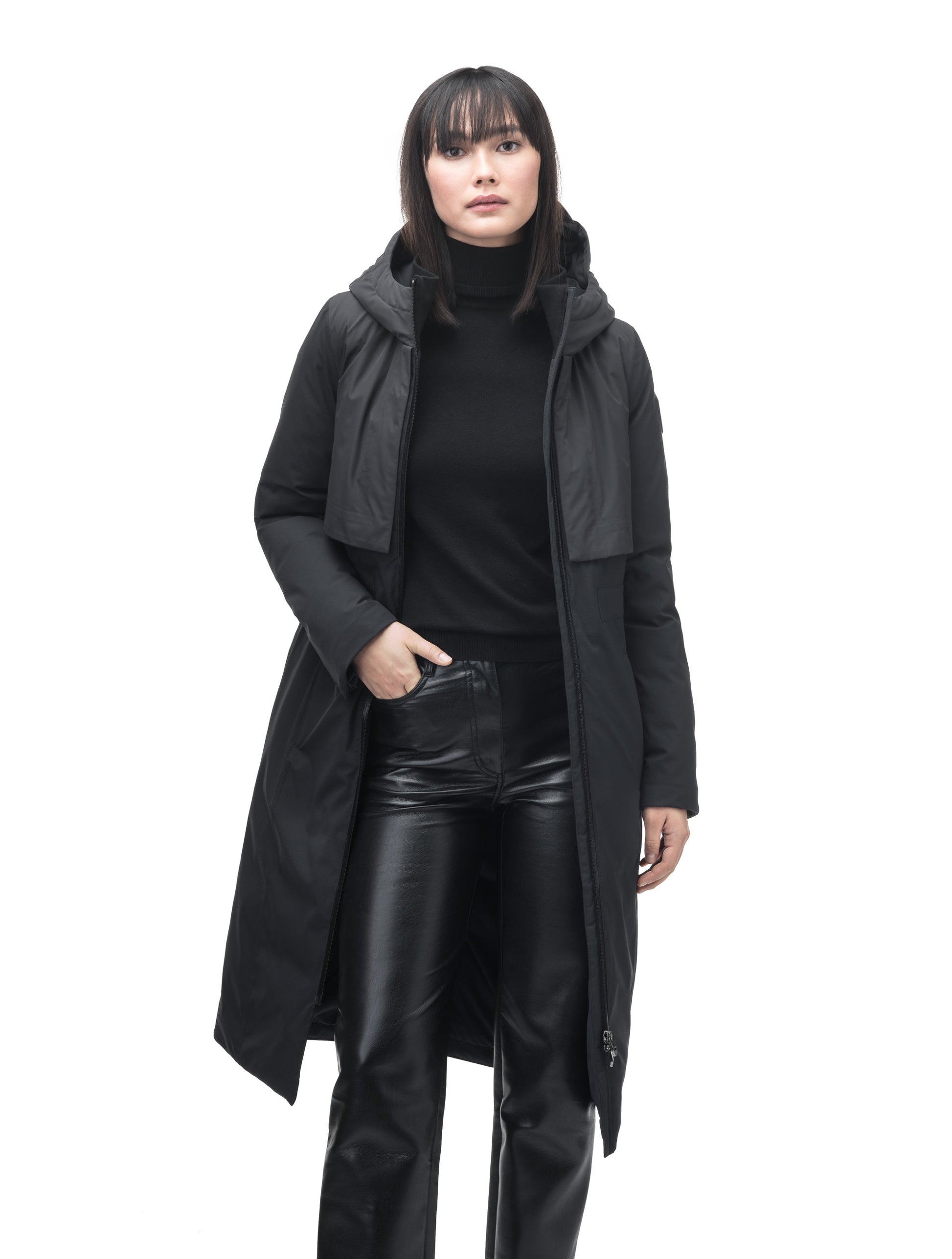 Iris Ladies Long Parka in below the knee length, Canadian duck down insulation, non-removable hood, and two-way zipper, in Black