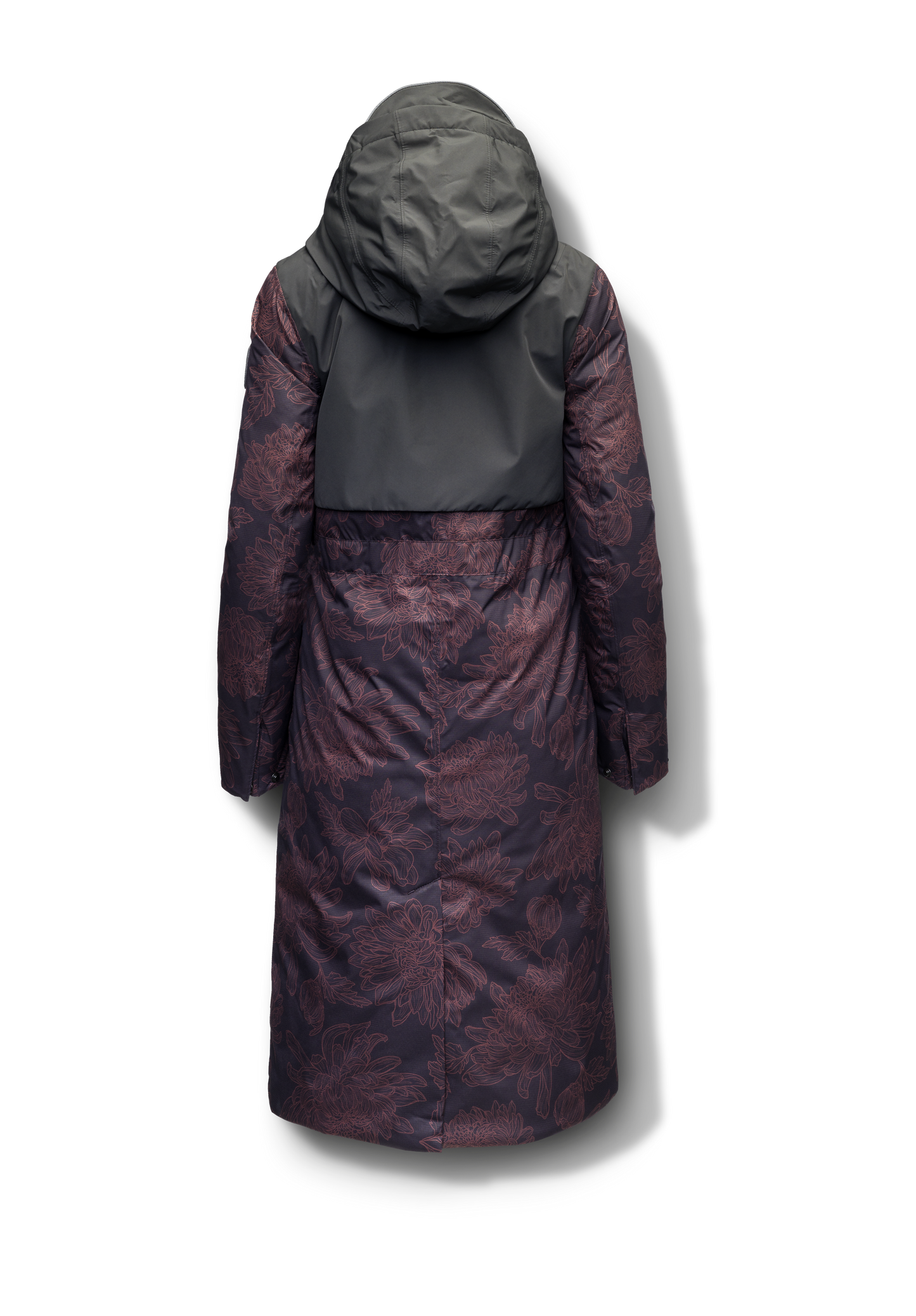Iris Ladies Long Parka in below the knee length, Canadian duck down insulation, non-removable hood, and two-way zipper, in Dark Floral