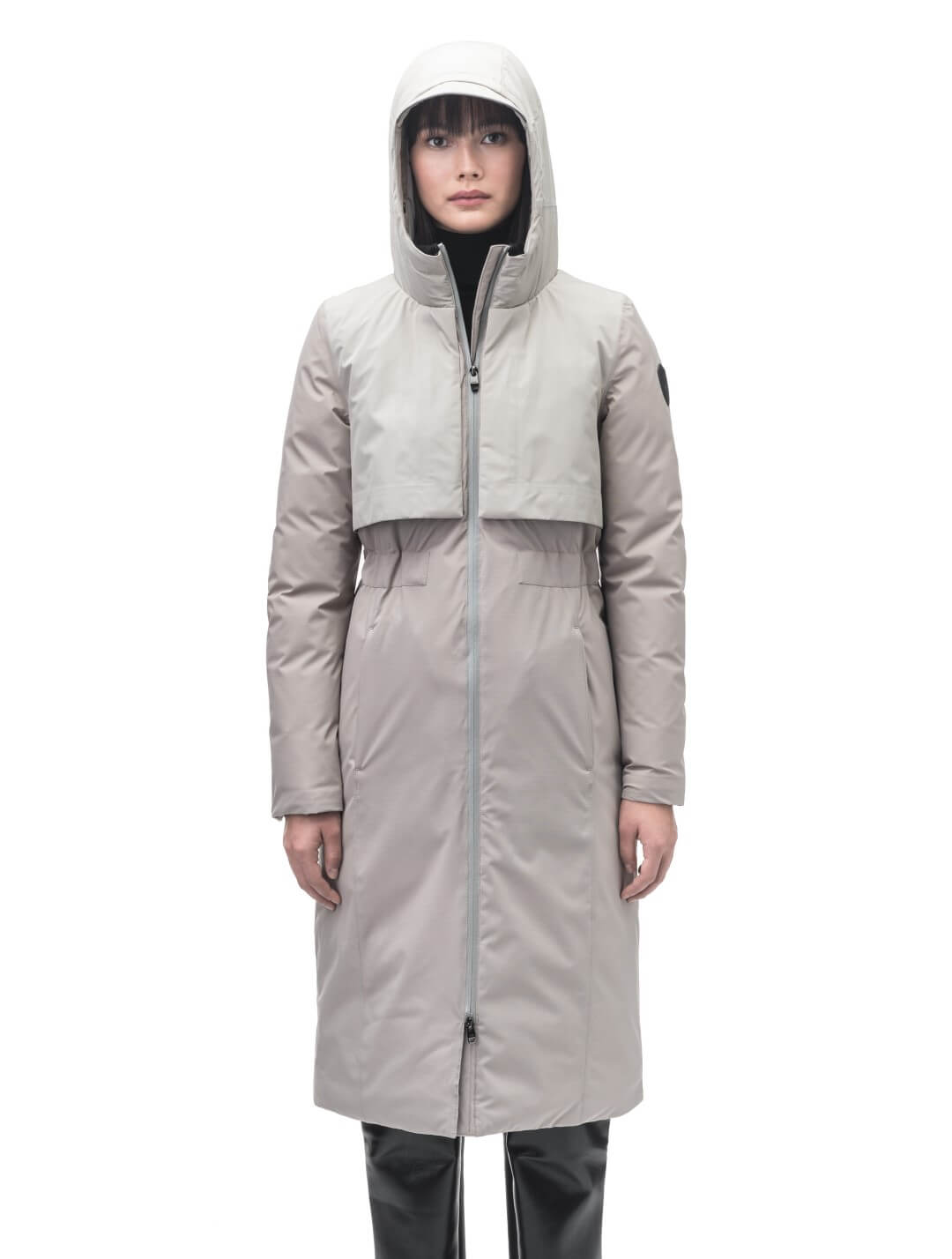 Iris Ladies Long Parka in below the knee length, Canadian duck down insulation, non-removable hood, and two-way zipper, in Clay