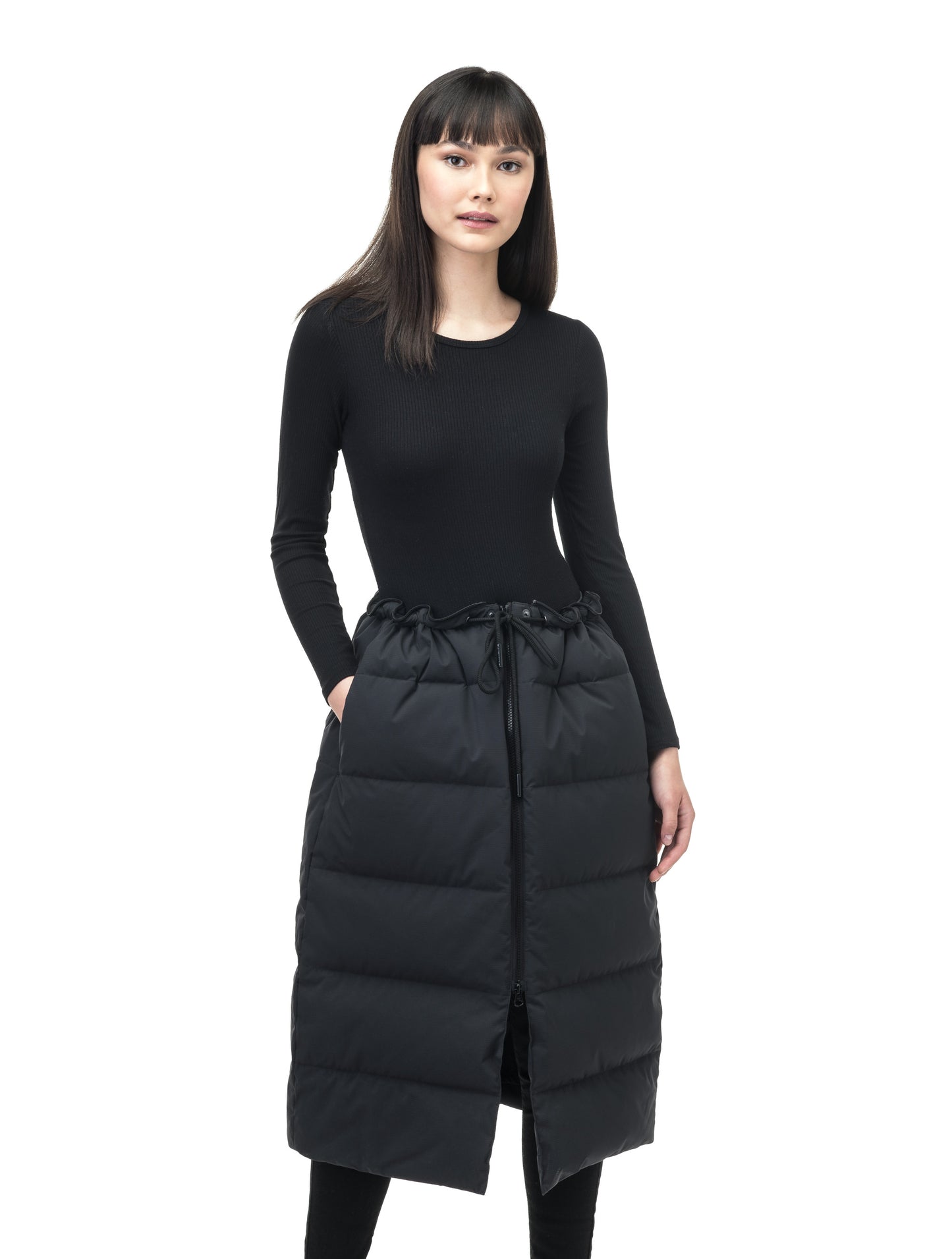 Forma Ladies 2-in-1 Long Quilted Jacket in below the knee length, quilted body, soft ribbed cuffs, removable shearling collar and pockets, and removable cinchable skirt, in Black