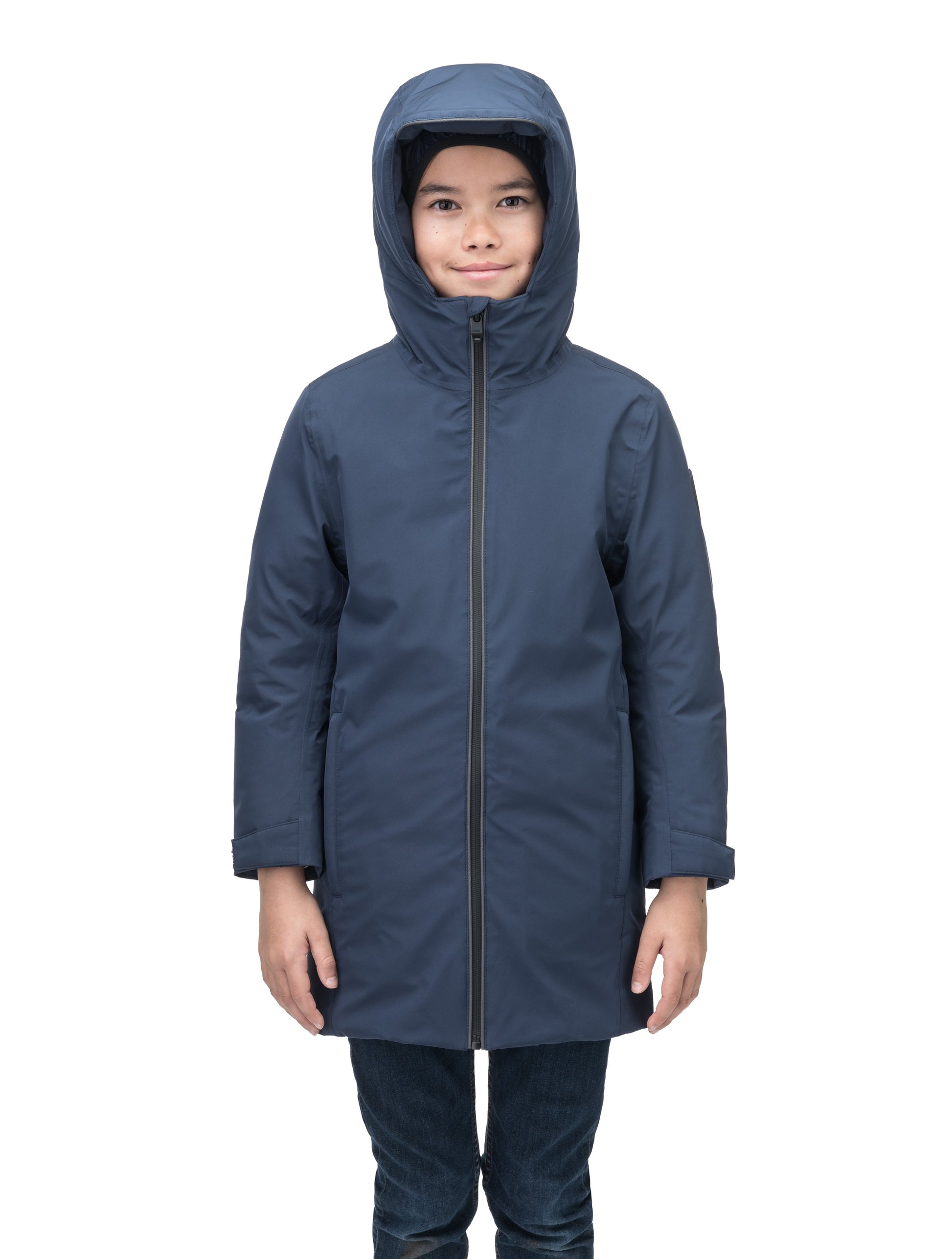 Little Comet Kids Parka in thigh length, Canadian duck down insulation, non-removable hood, two-way front zipper, packable body, in Marine