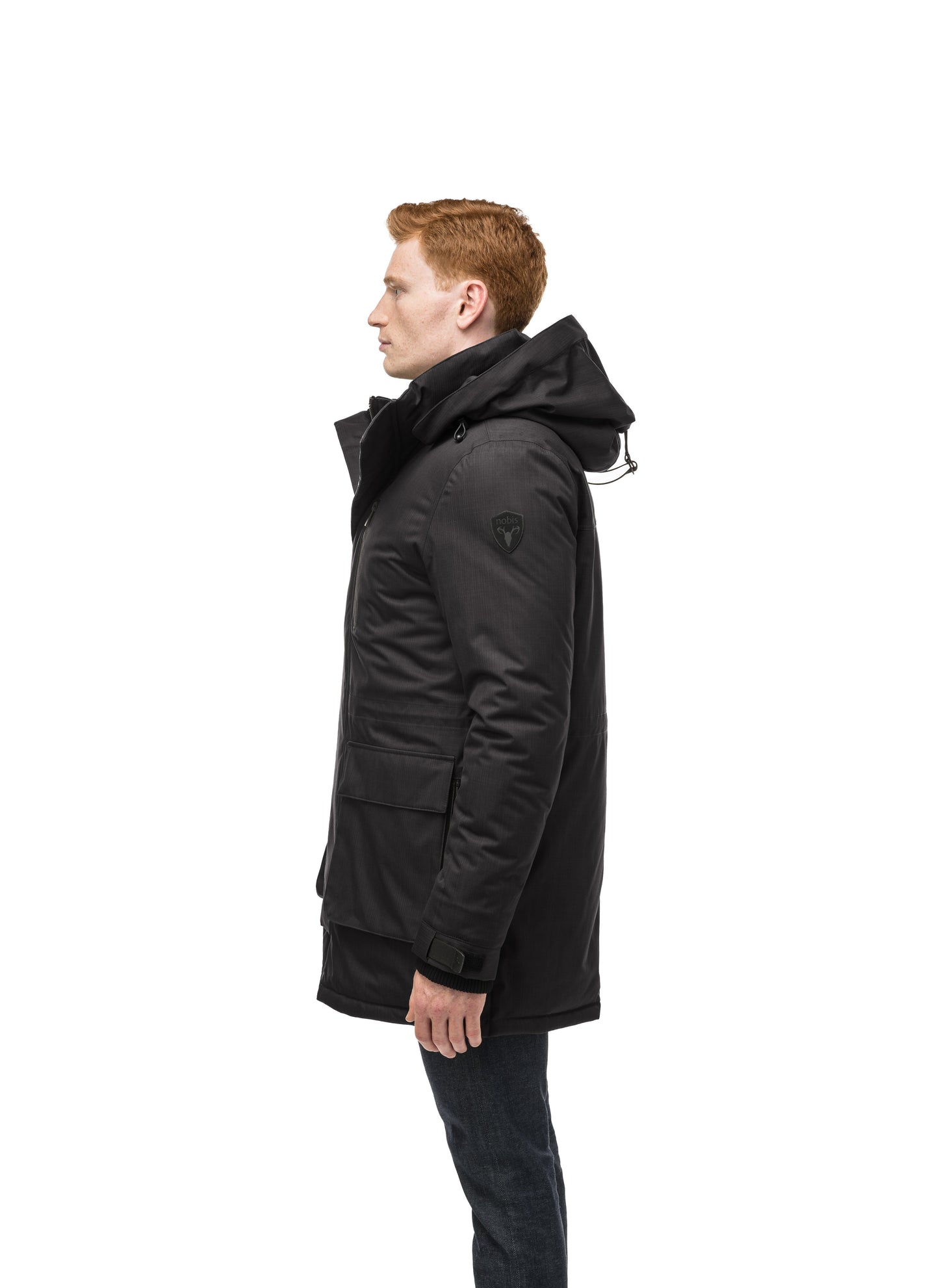 Mid weight men's down filled parka with two patch pockets at the hip and snap closure side vents in Black