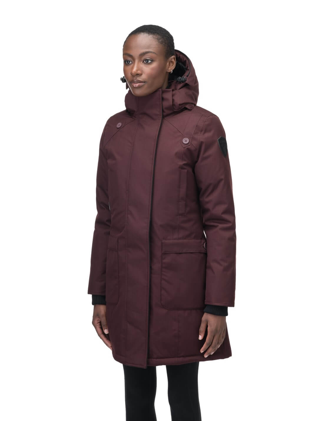 Best selling women's down filled knee length parka with removable down filled hood in Merlot