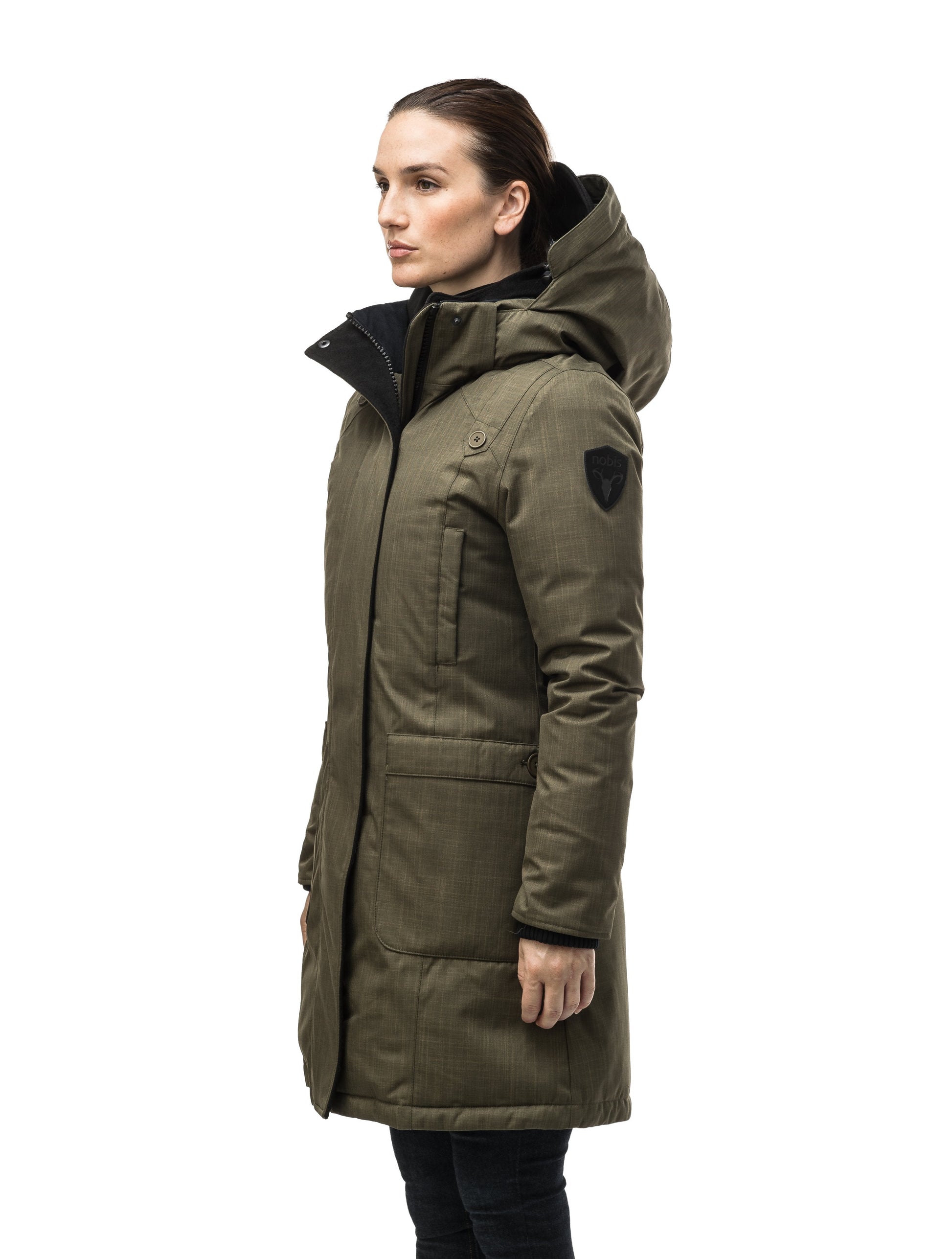 Best selling women's down filled knee length parka with removable down filled hood in CH Army Green