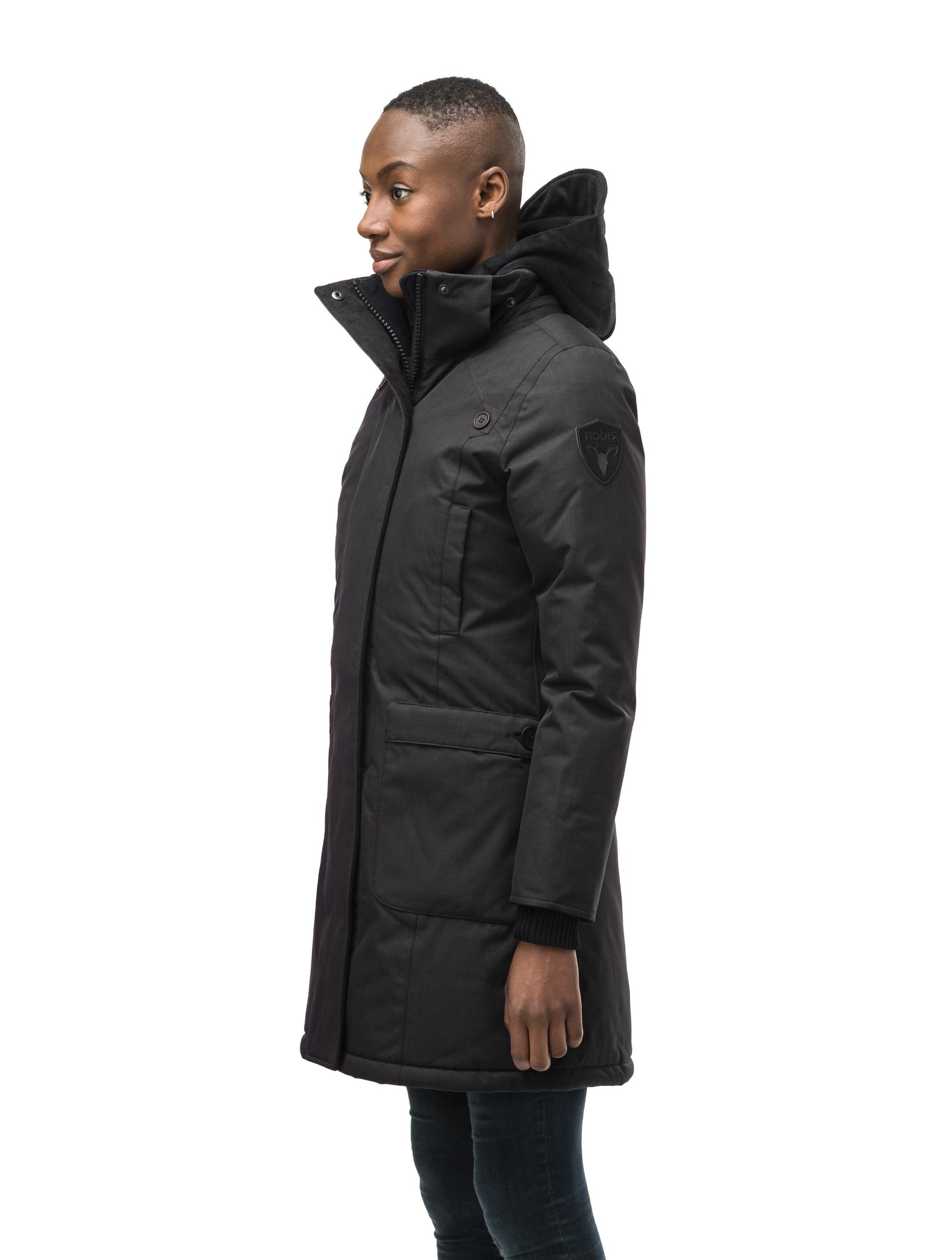Best selling women's down filled knee length parka with removable down filled hood in CH Black