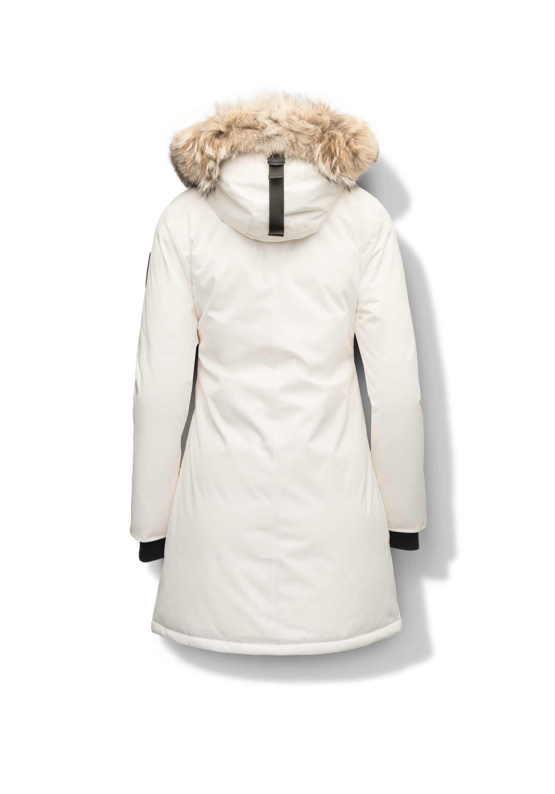 Best selling women's down filled knee length parka with removable down filled hood in Chalk