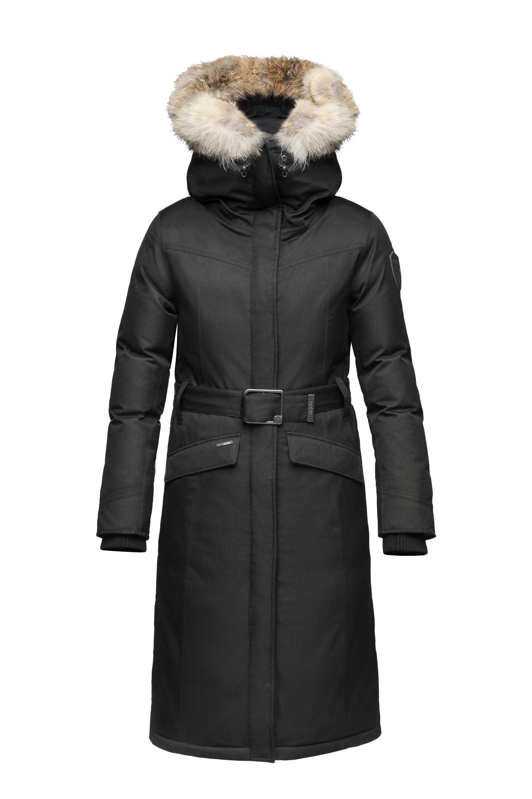 Women's maxi down filled parka with calf length hem in CH Black