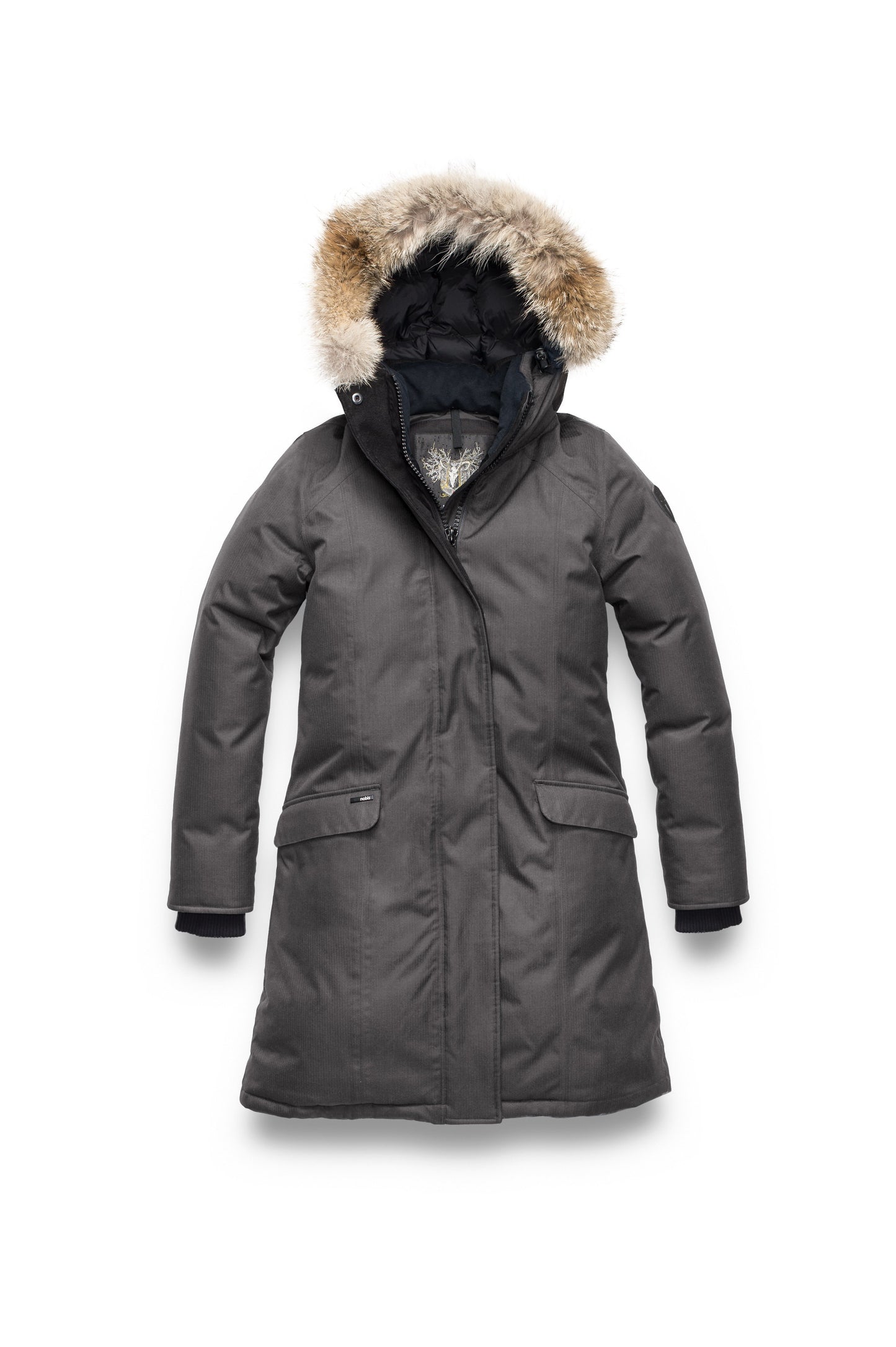 Rebecca Women's Parka in knee length, Canadian duck down insulation, two-way zipper with magnetic front placket, non-removable hood with removable coyote fur trim, in Steel Grey