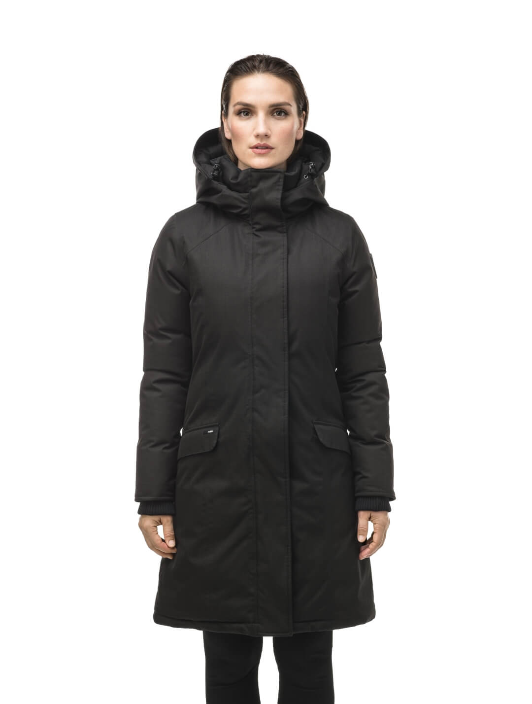 Rebecca Women's Parka in knee length, Canadian duck down insulation, two-way zipper with magnetic front placket, non-removable hood with removable coyote fur trim, in Black