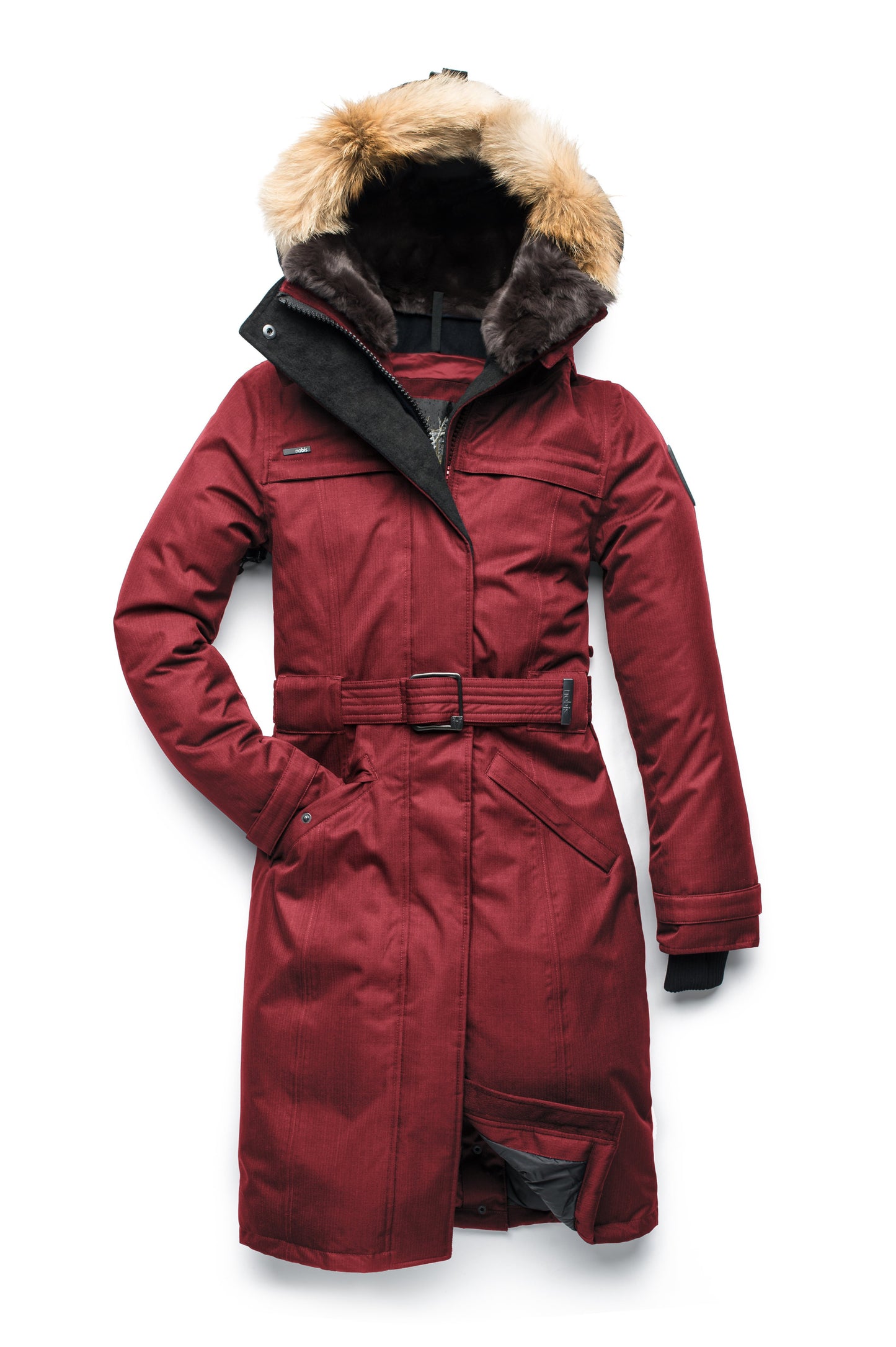 Women's knee length down filled parka with a belted waist and fully removable Coyote and Rex Rabbit fur ruffs in CH Cabernet