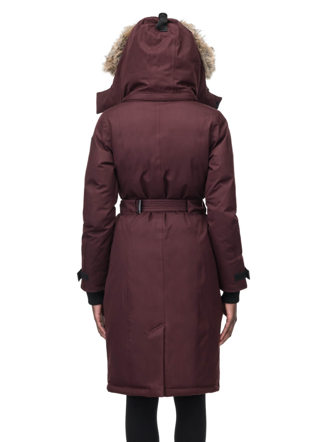 Women's knee length down filled parka with a belted waist and fully removable Coyote and Rex Rabbit fur ruffs in Merlot