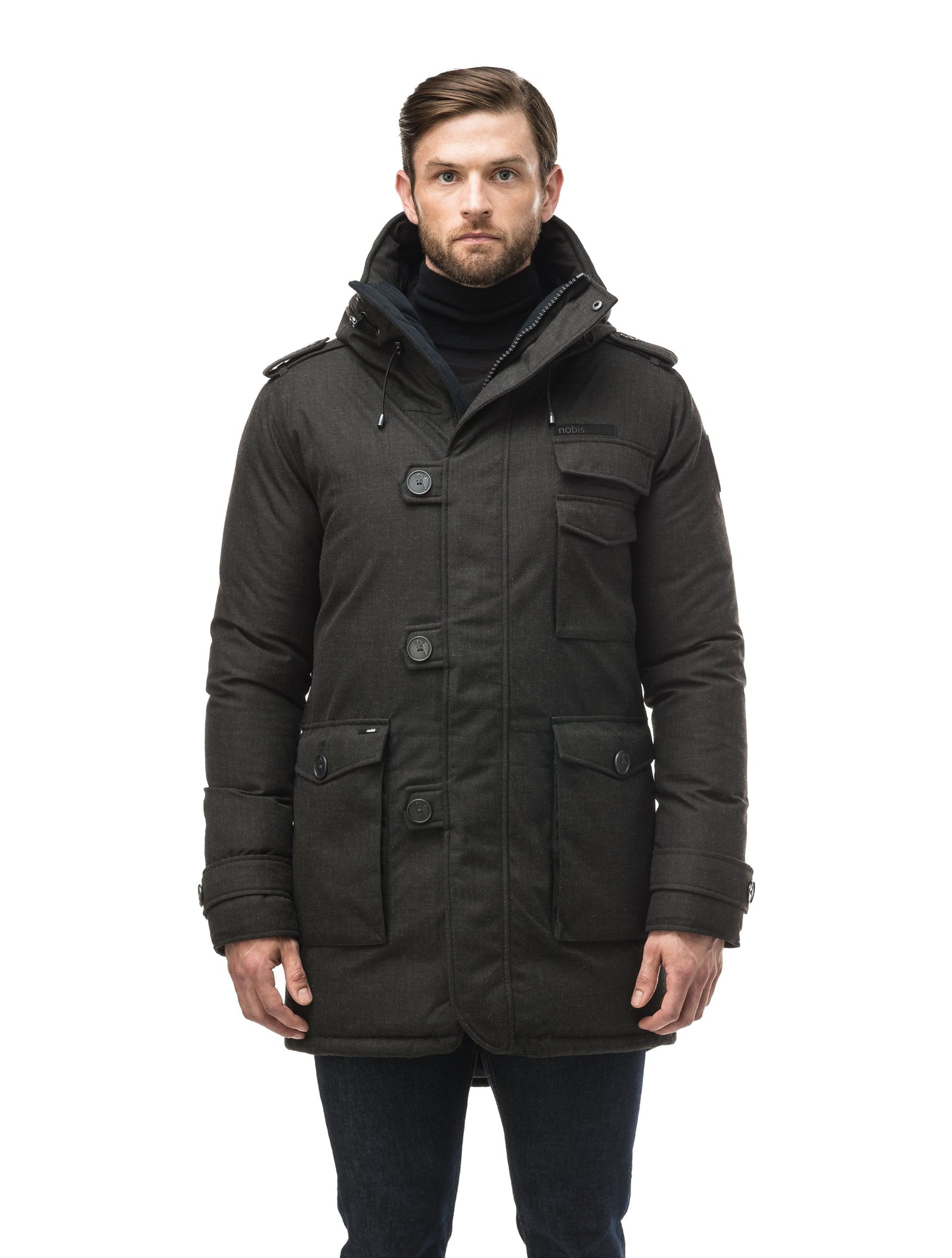 Men's down filled parka with faux button magnet closures and fur free hood with a fishtail hemline in H. Black