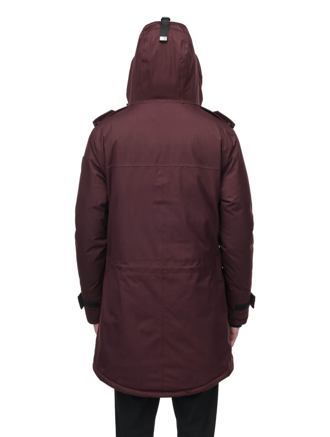 Men's down filled parka with faux button magnet closures and fur free hood with a fishtail hemline in Merlot