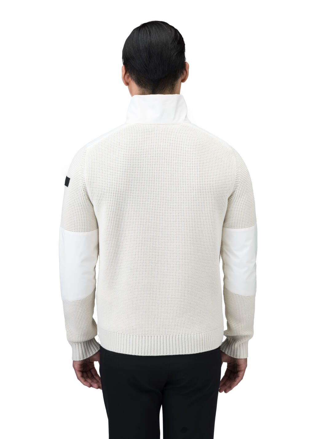 Wai Men's Performance Half Zip Sweater in hip length, 3-Ply Micro Denier and Merino wool knit fabrication, Primaloft Gold Insulation Active+, centre front zipper, flap kangaroo pocket with magnetic closure, and hidden side-entry zipper pockets at waist, in Chalk