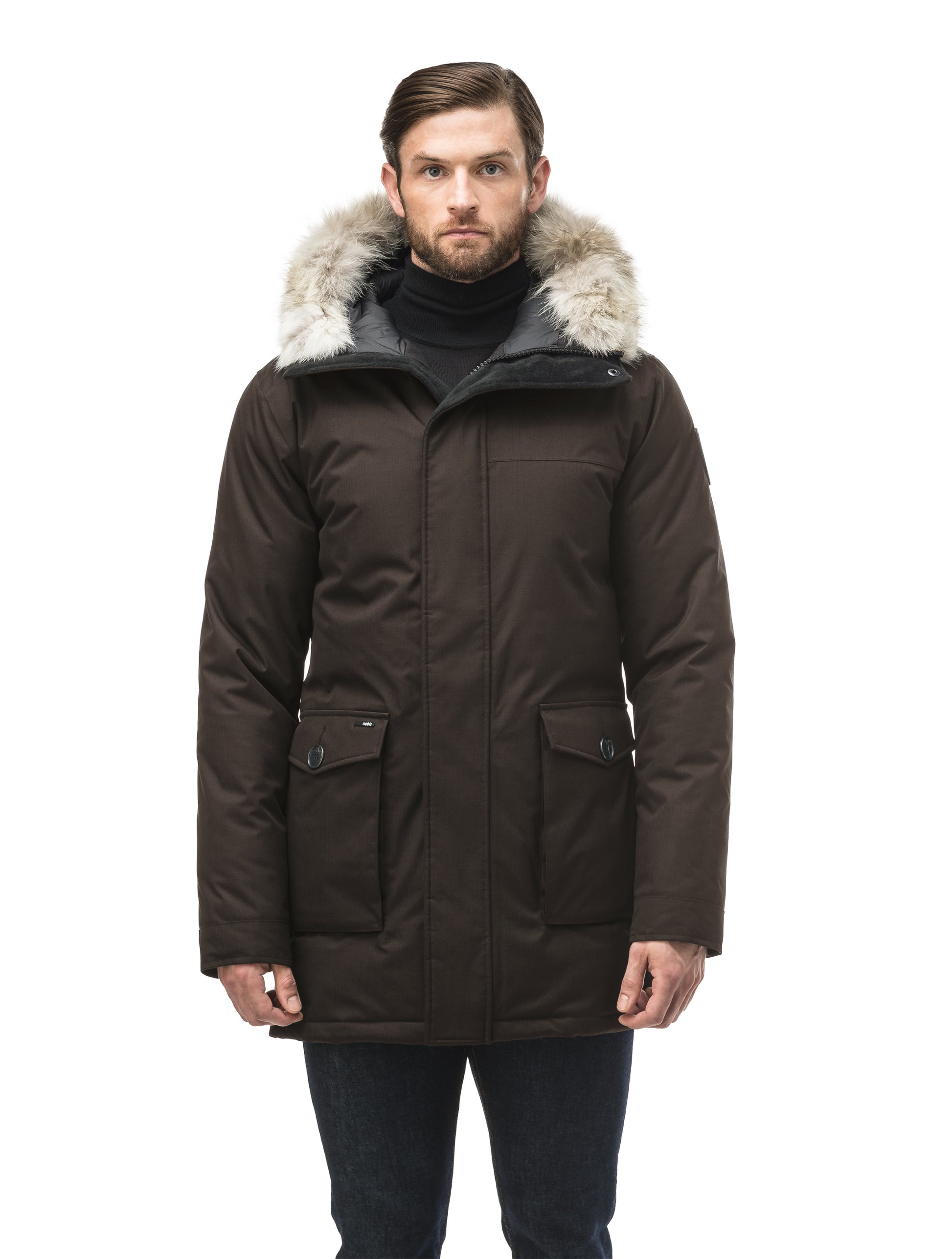 Men's slim fitting waist length parka with removable fur trim on the hood and two waist patch pockets in CH Brown
