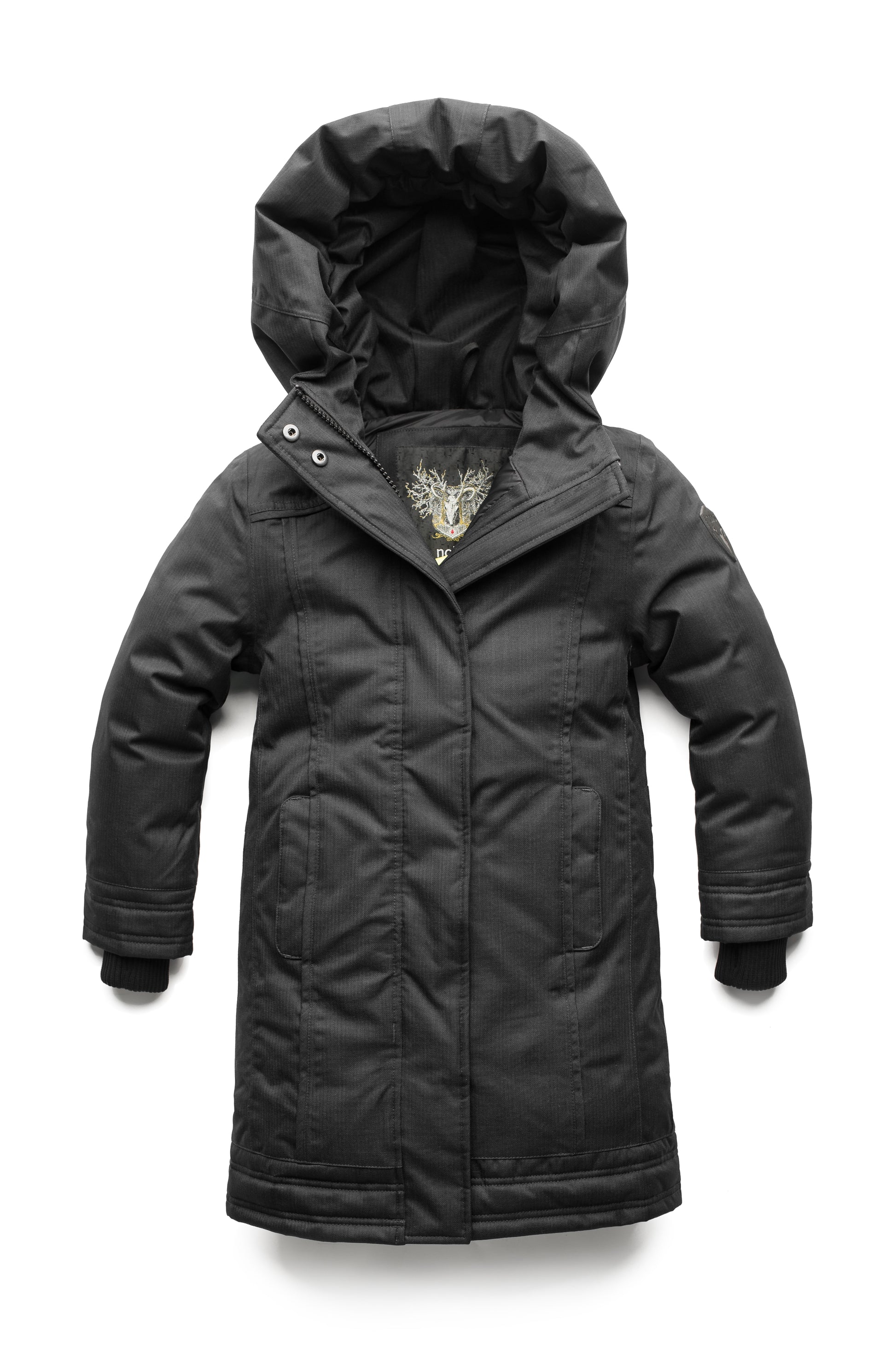 Women's Thigh length own parka with a furless oversized hood in CH Black