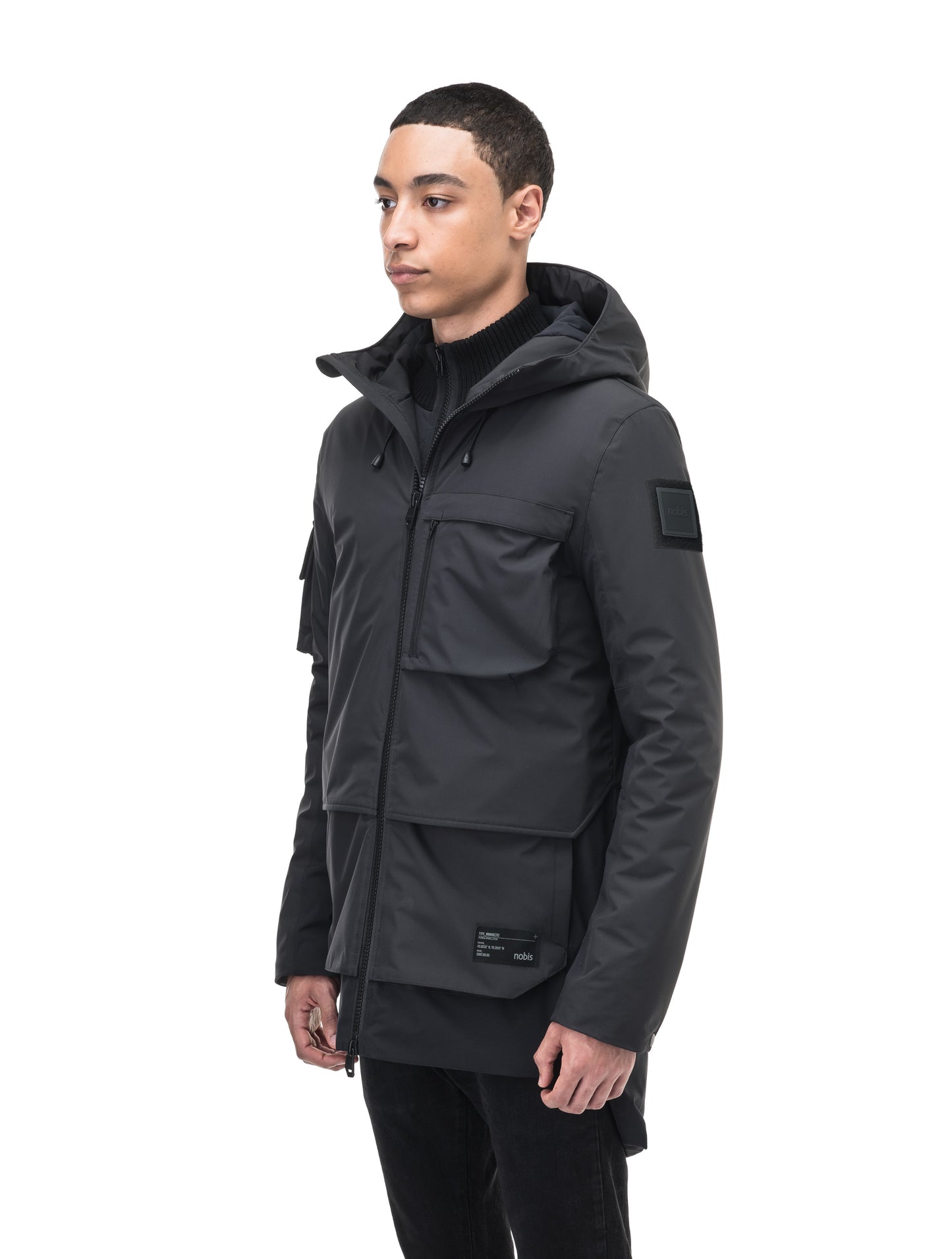 Alta Men's Performance Shell Jacket in hip length, Primaloft Gold Insulation Active+, chest and waist pockets, ventilation under arms, reflective detailing on hood and back, two-way front zipper, and non-removable hood with adjustable drawstrings, in Black